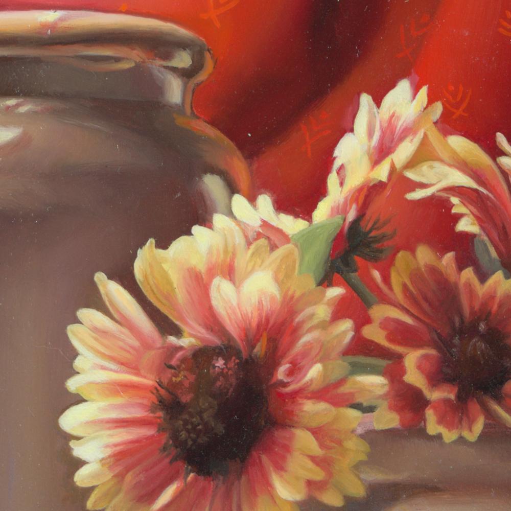 “Cherry”, Bottle Ceramic Vase with Flowers Shiny Fabric Symbolism Oil Painting 5