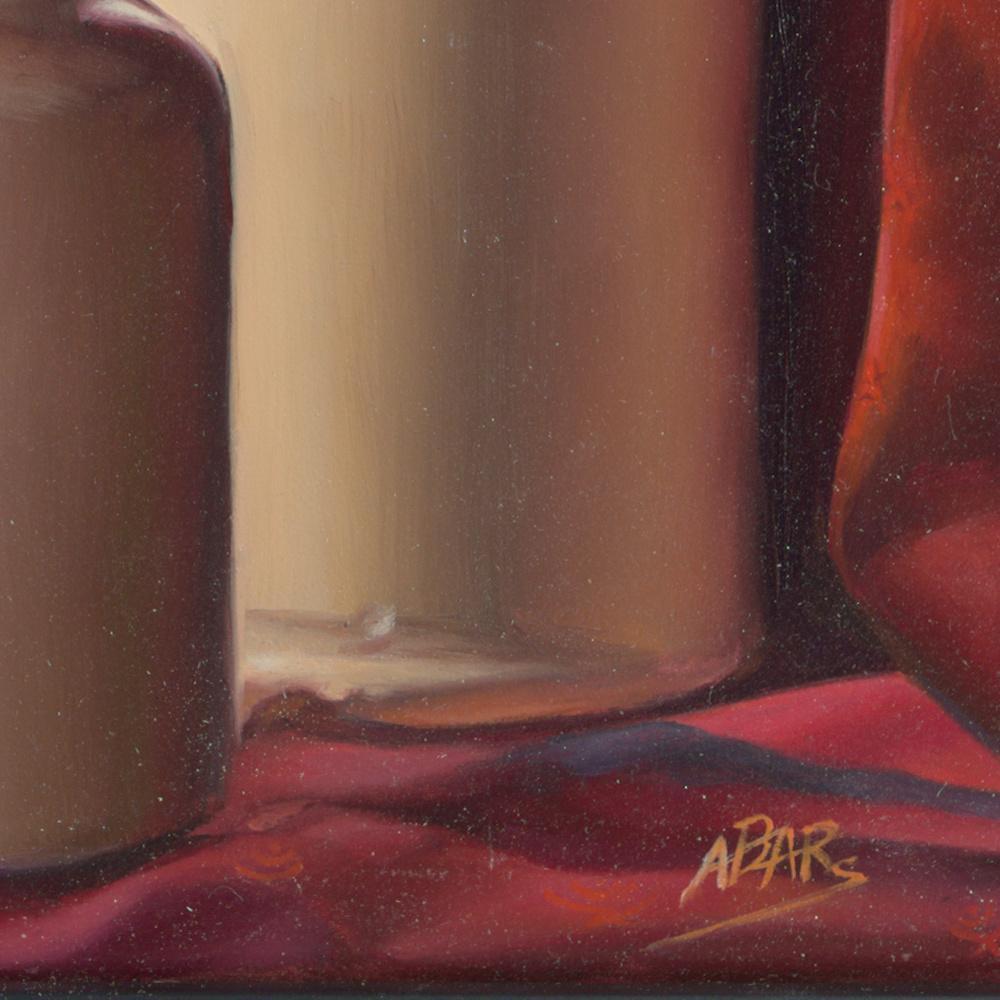 This small and symbolic oil painting by Andrée Bars dipicts cherries, a bottle and vases in ceramic with flowers, being decorated on a red fabric with shiny patterns. The painting itself measures 8.3 x 10.6 inches. Being framed in a black and gold