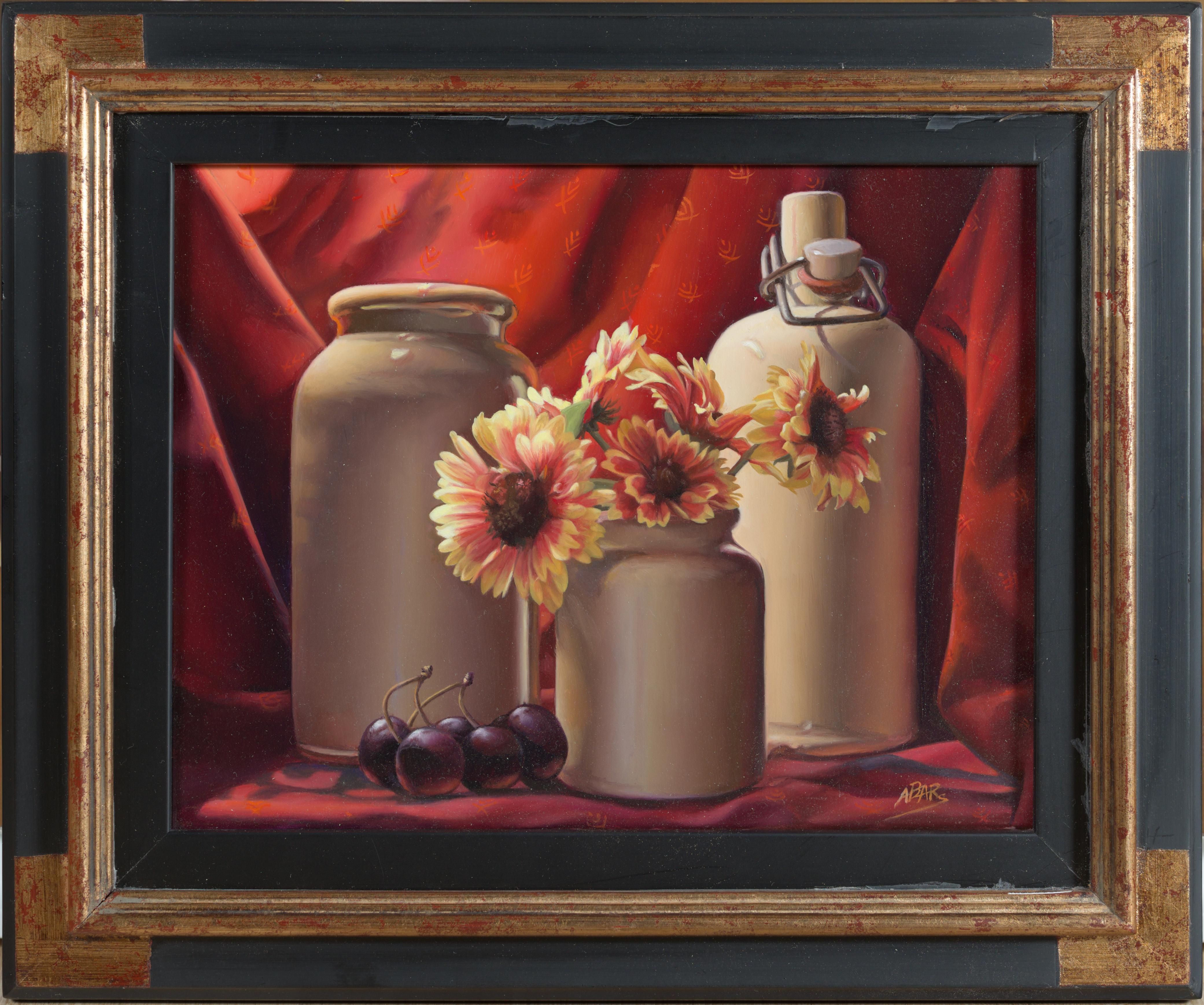 “Cherry”, Bottle Ceramic Vase with Flowers Shiny Fabric Symbolism Oil Painting