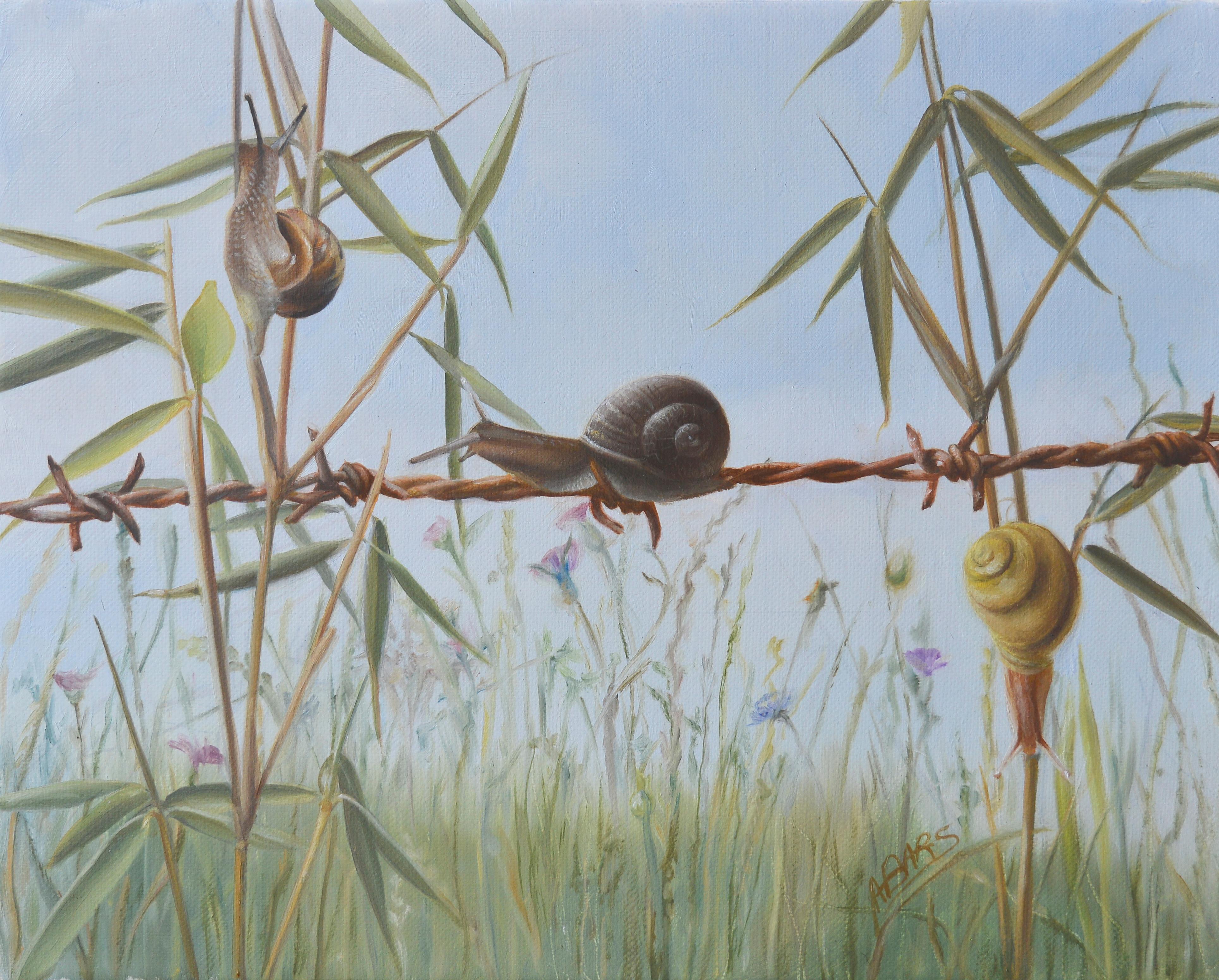 "Ognuno ha il suo destino", pittura ad olio simbolista di lumache in Nature