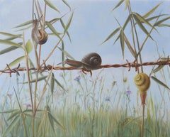 "Ognuno ha il suo destino", pittura ad olio simbolista di lumache in Nature