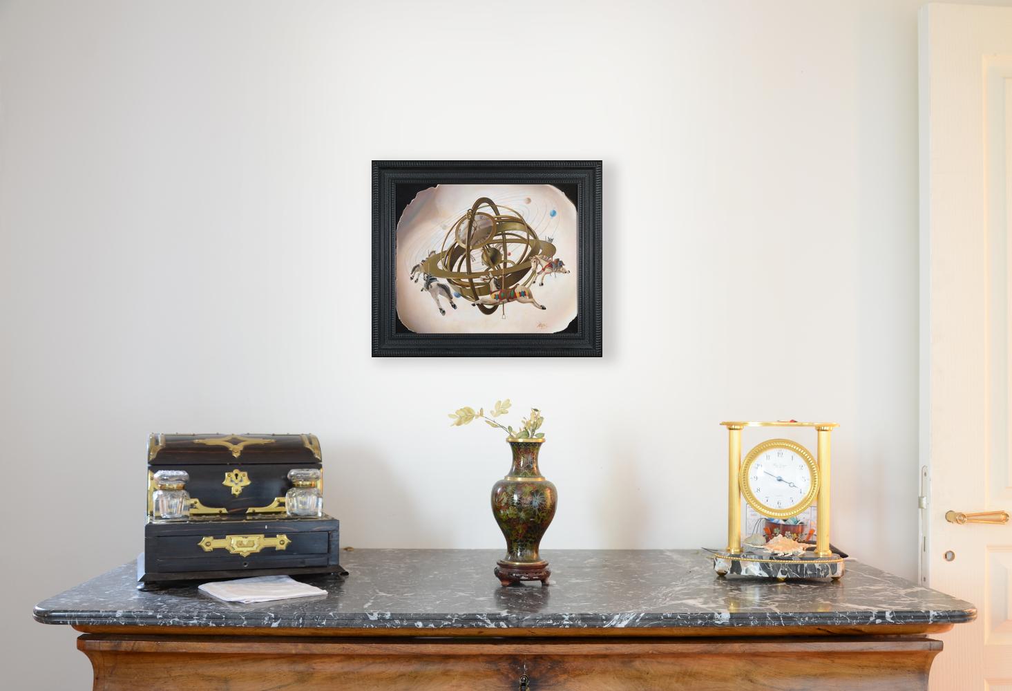 Merry-Go-Round, peinture à l'huile symboliste de l'univers et de l'humanité du chariot Astrolabe - Painting de Andrée Bars