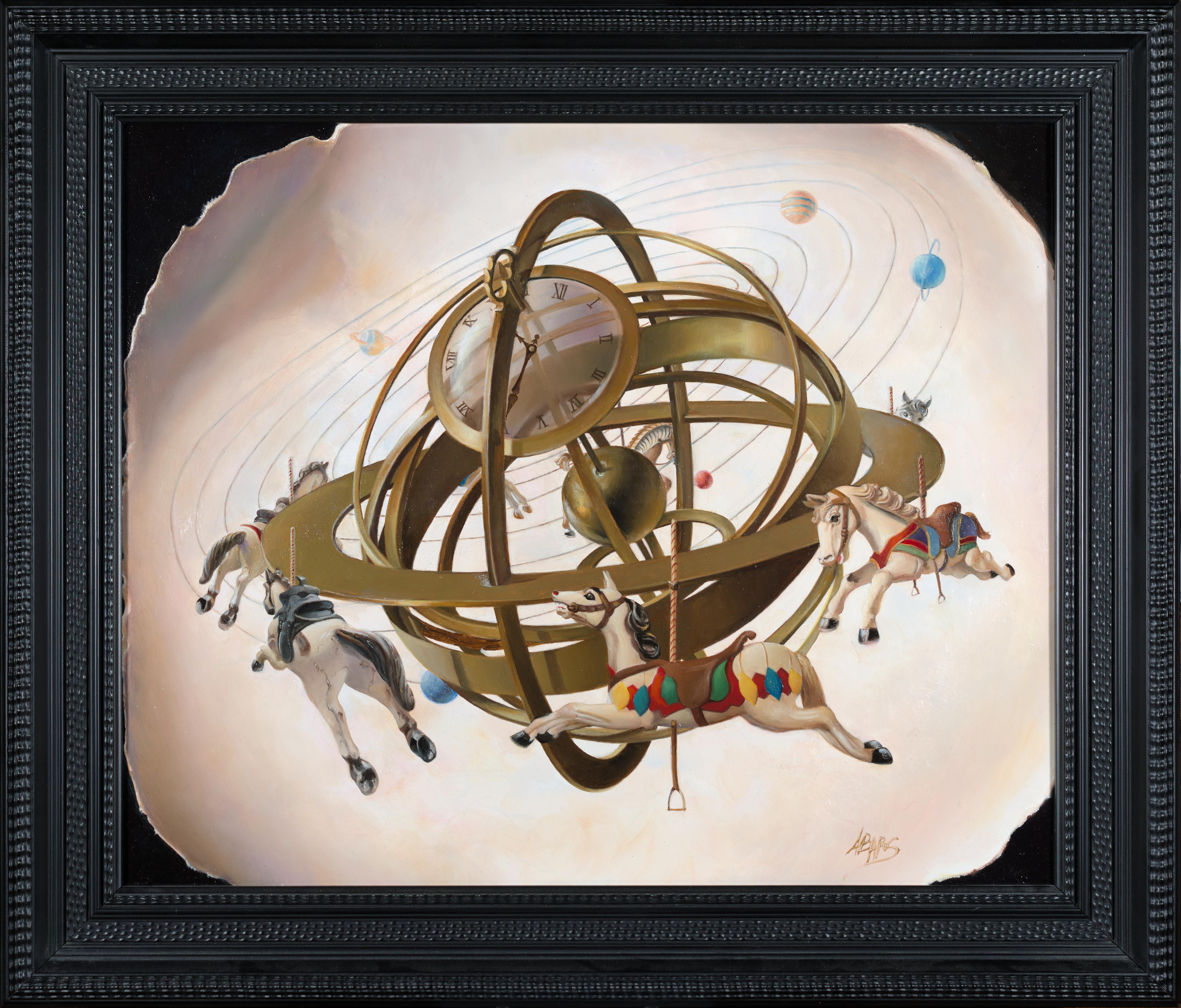 Still-Life Painting Andrée Bars - Merry-Go-Round, peinture à l'huile symboliste de l'univers et de l'humanité du chariot Astrolabe
