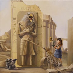 "Offrande", Mythological Scene with Eagle Deity Leopard Blue Beige Oil Painting