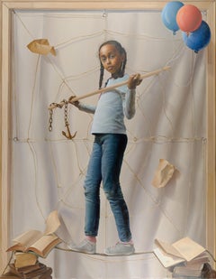 “Our Destiny”,  Anchor Spider Web Girl Standing on a Rope Symbolist Oil Painting
