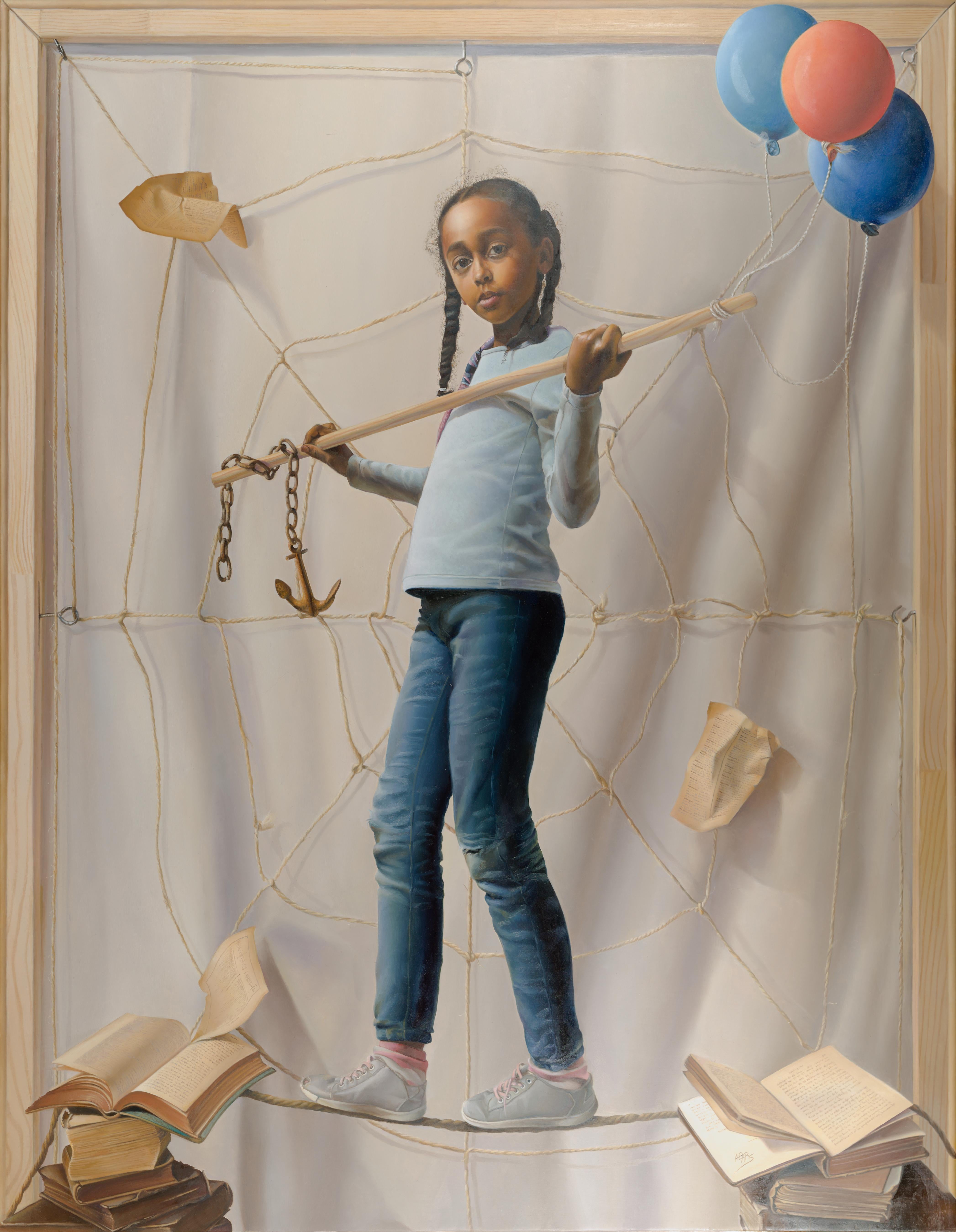 "Nuestro Destino",  Anchor Spider Web Girl Standing on a Rope Pintura al óleo simbolista