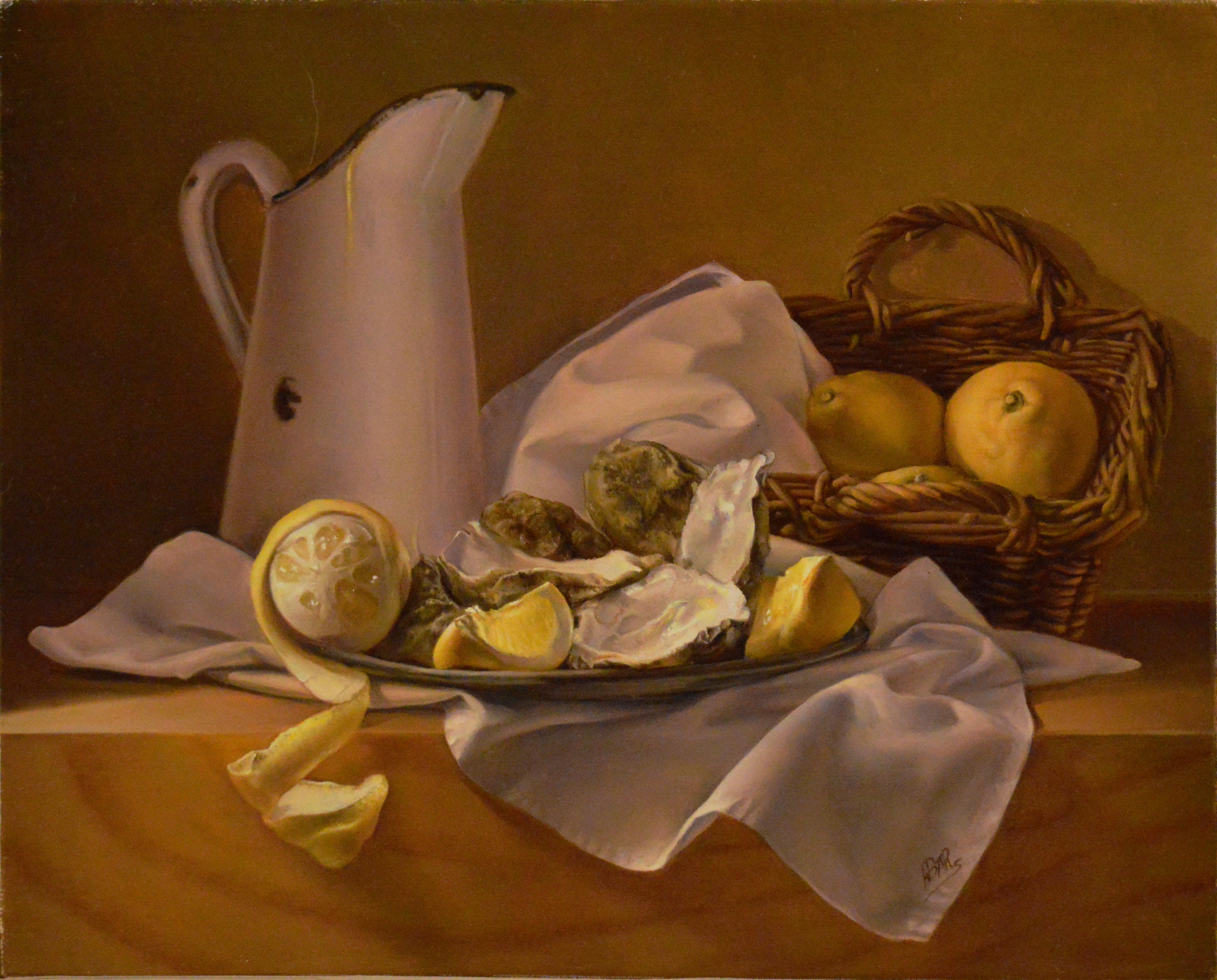 Andrée Bars Figurative Painting – „Eiserne und Zitronen“,  Weiße Stoff-Emaille-Karaffe Symbolik Ölgemälde