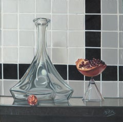 “Pomegranate”,  Transparent Glass Water Carafe,  Symbolism Oil Painting
