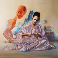 « La femme créative », méditation symboliste, esprit en fleurs, peinture à l'huile originale