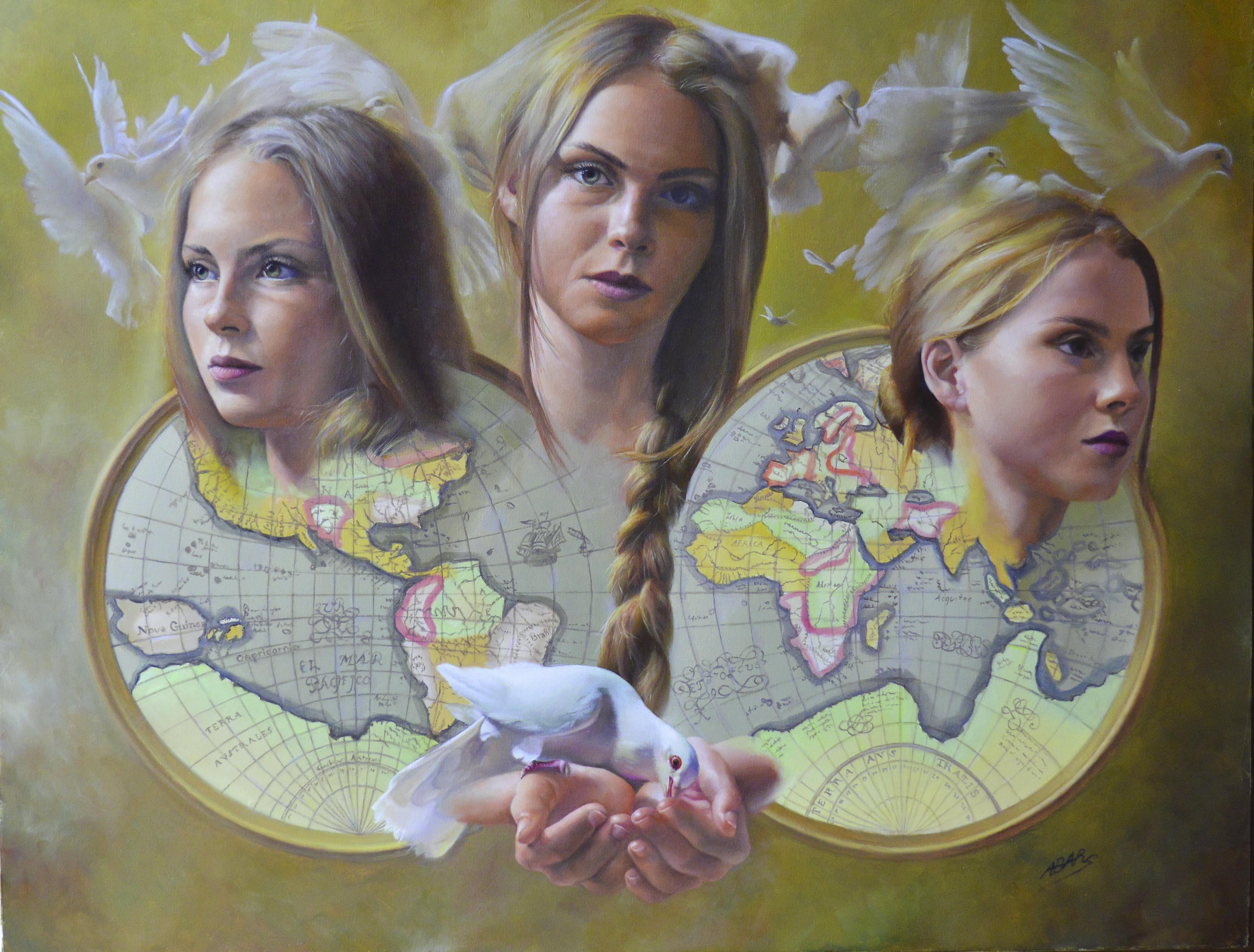Andrée Bars Figurative Painting - “The Kindly ones ”, Triple Portrait World Map Doves Symbolist Oil Painting