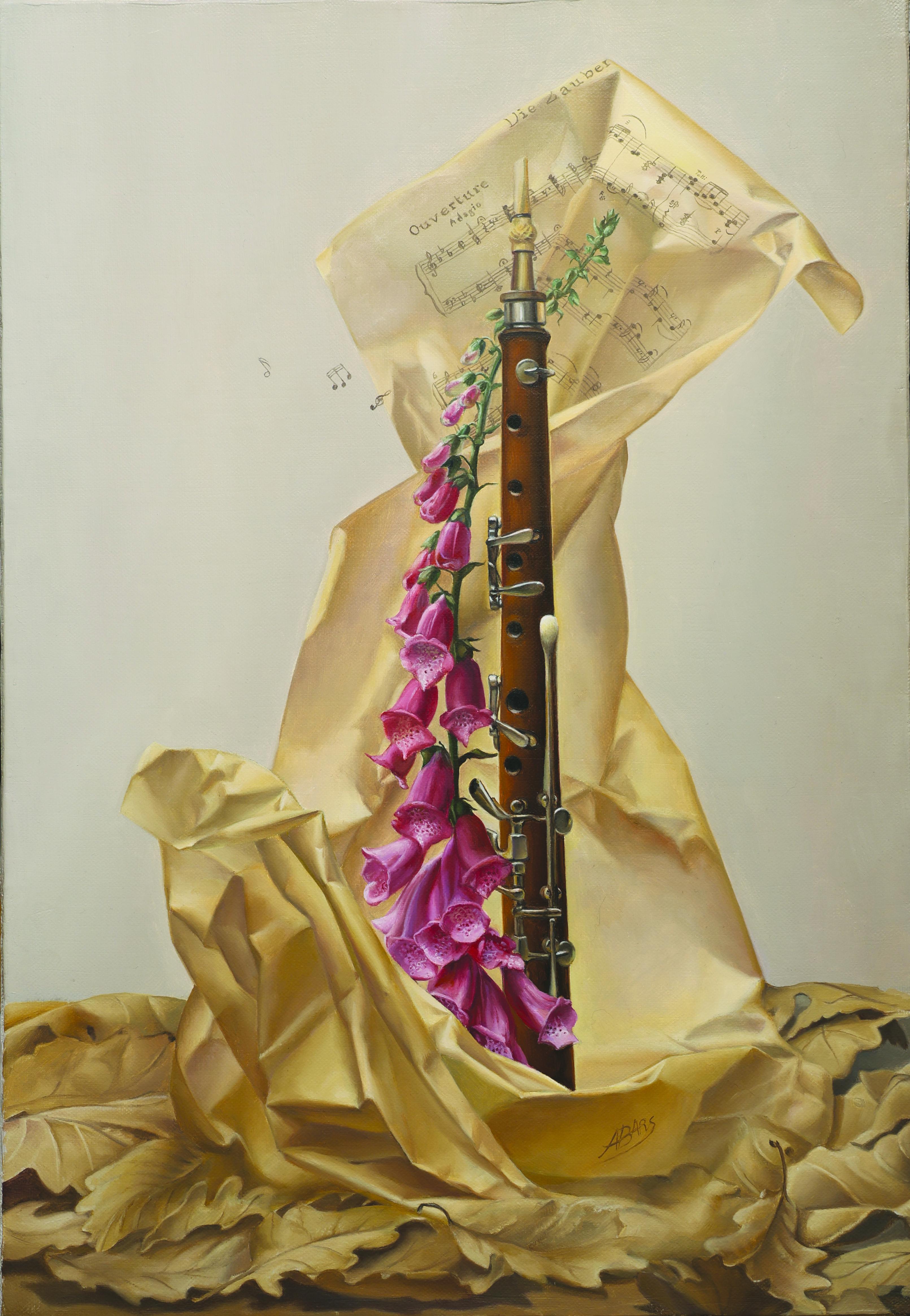 Andrée Bars Figurative Painting - "The Magic Flute of Beauzart", Rose Flower Golden Drapery Symbolist Oil Painting