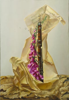 „Die magische Flöte von Beauzart“, Rosenblume, goldene Drapierung, symbolistisches Ölgemälde
