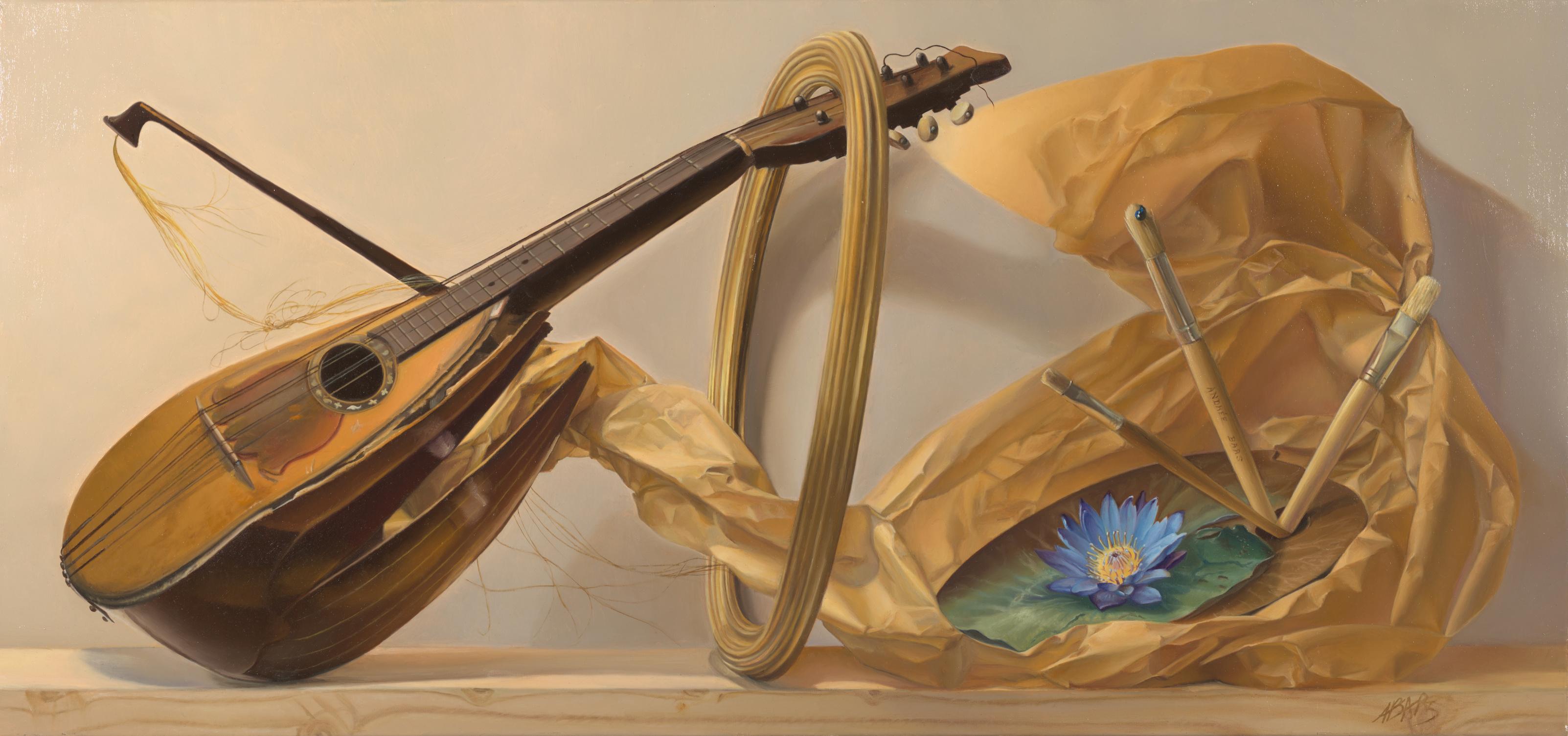 Andrée Bars Figurative Painting – „Das Auge des Malers“,  Violine, Blaue Blume und Pinsel, symbolistisches Ölgemälde