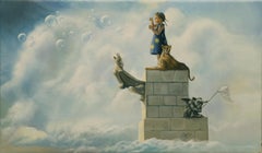 "La tentazione", paesaggio onirico con leopardo e gargoyle simbolista Pittura a olio