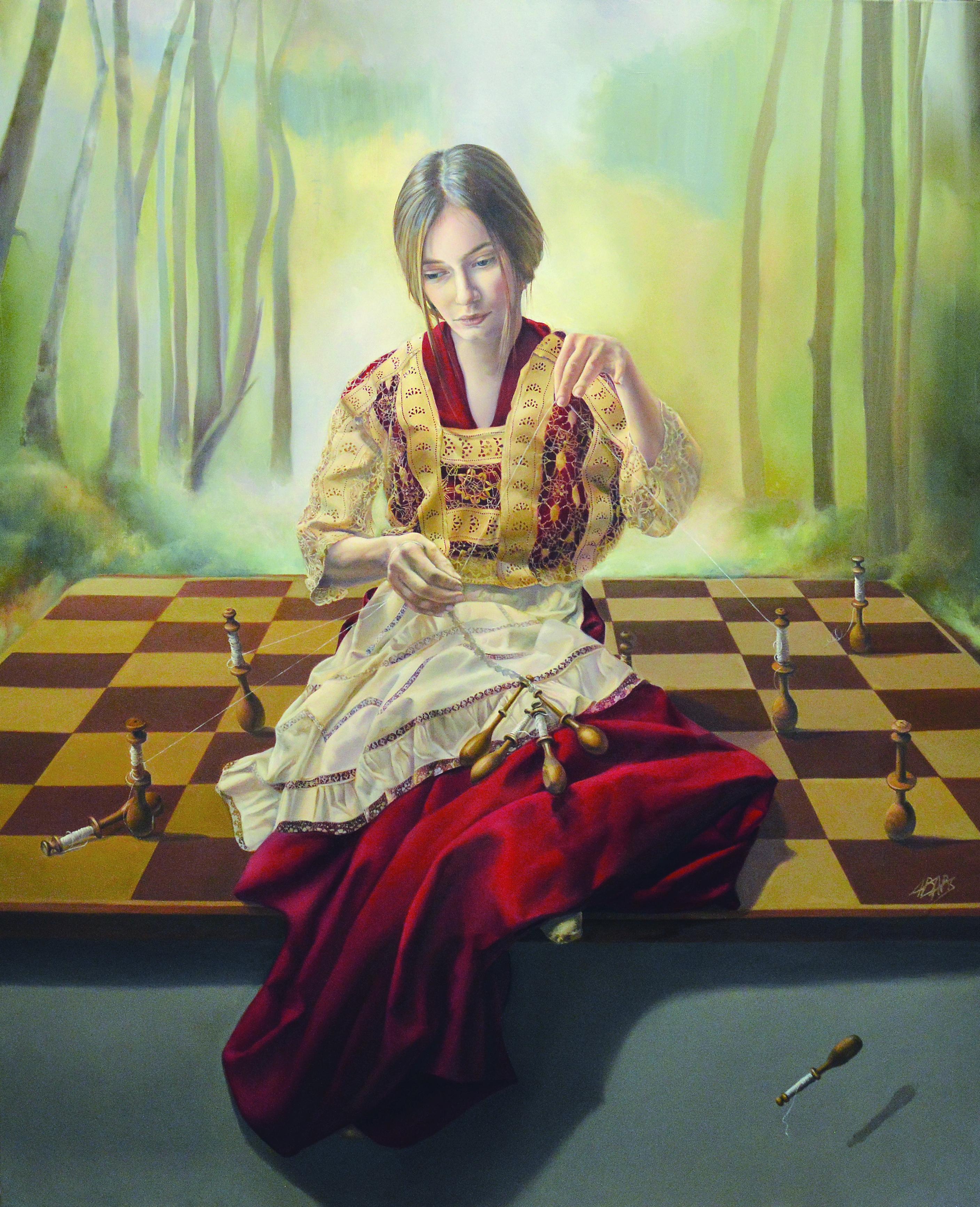 Figurative Painting de Andrée Bars - "Los hilos de la vida", Tapiz de ensueño simbolista del ser Pintura al óleo original