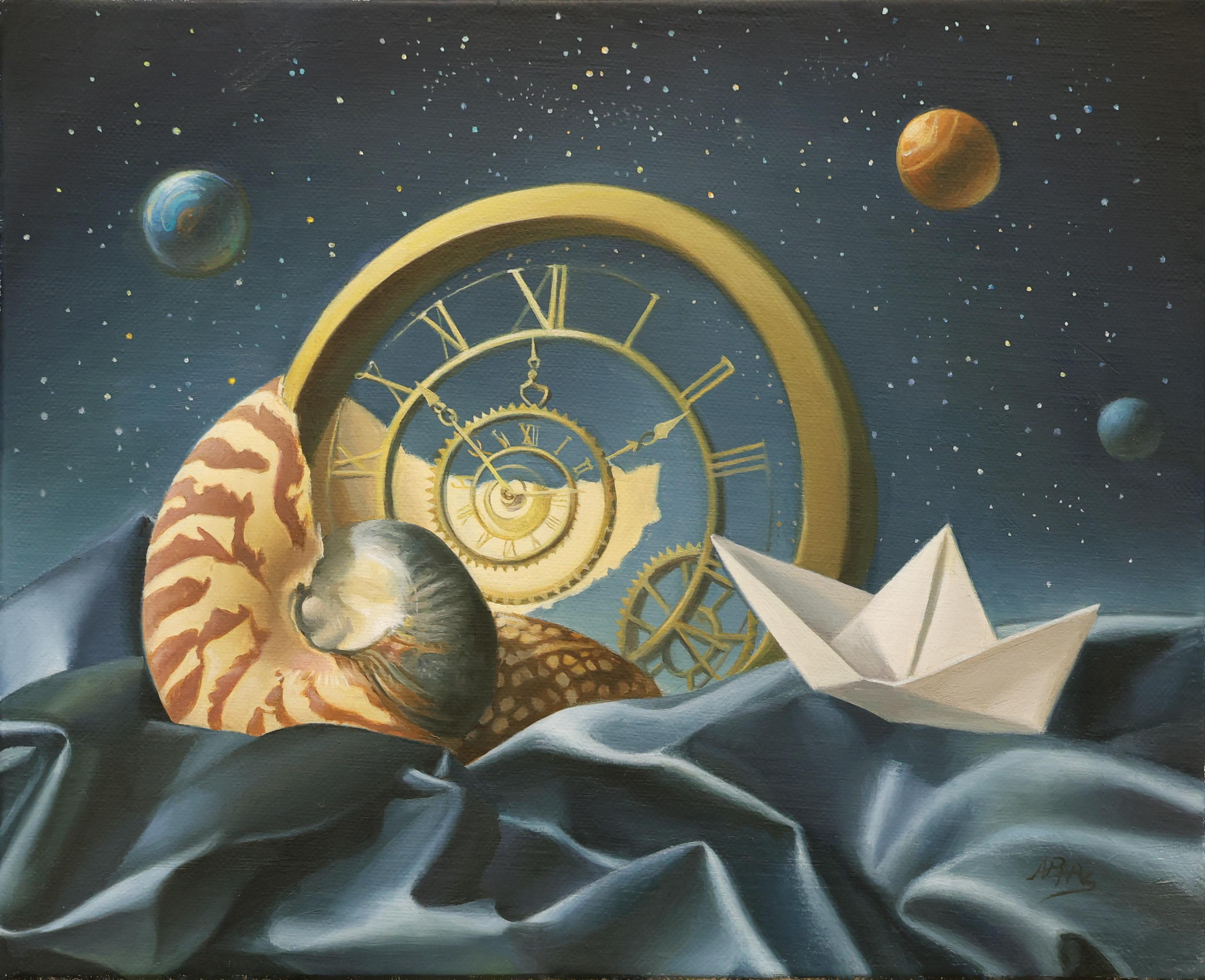 "Die Gezeiten", Blau und Gold Symbolist Original Ölgemälde