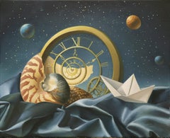 "The Tides", Blue and Gold Symbolist Original Oil Painting