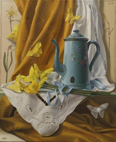 "The Yellow Butterflies", Ochre and Blue Symbolist Original Oil Painting