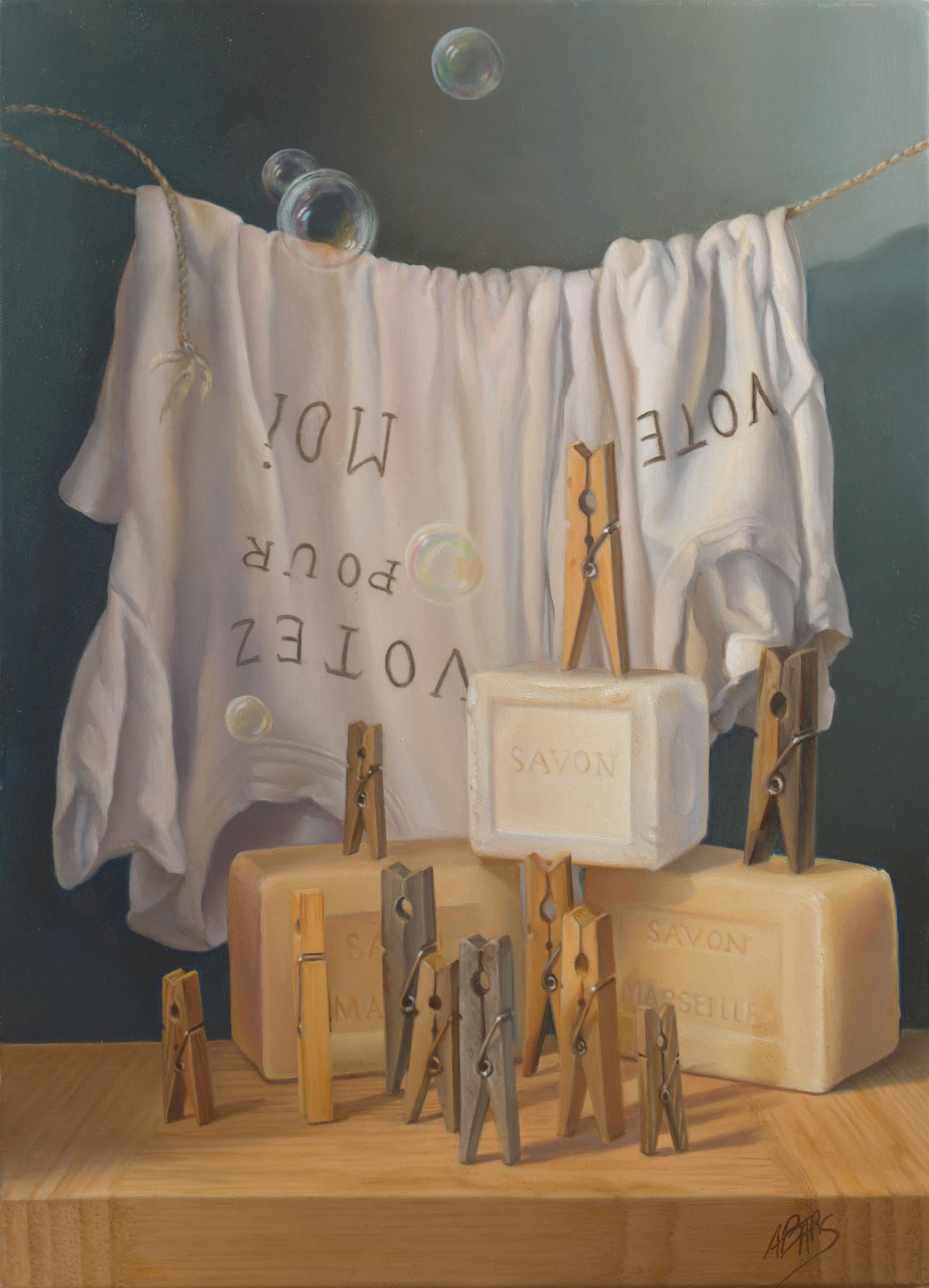Figurative Painting di Andrée Bars - "Vota per me",  Molletta, vestiti, bolle di sapone, simbolismo Pittura ad olio