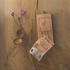 "We Lost the North", Wood Crack, Compass, Money, Flower, Symbolism Oil Painting
