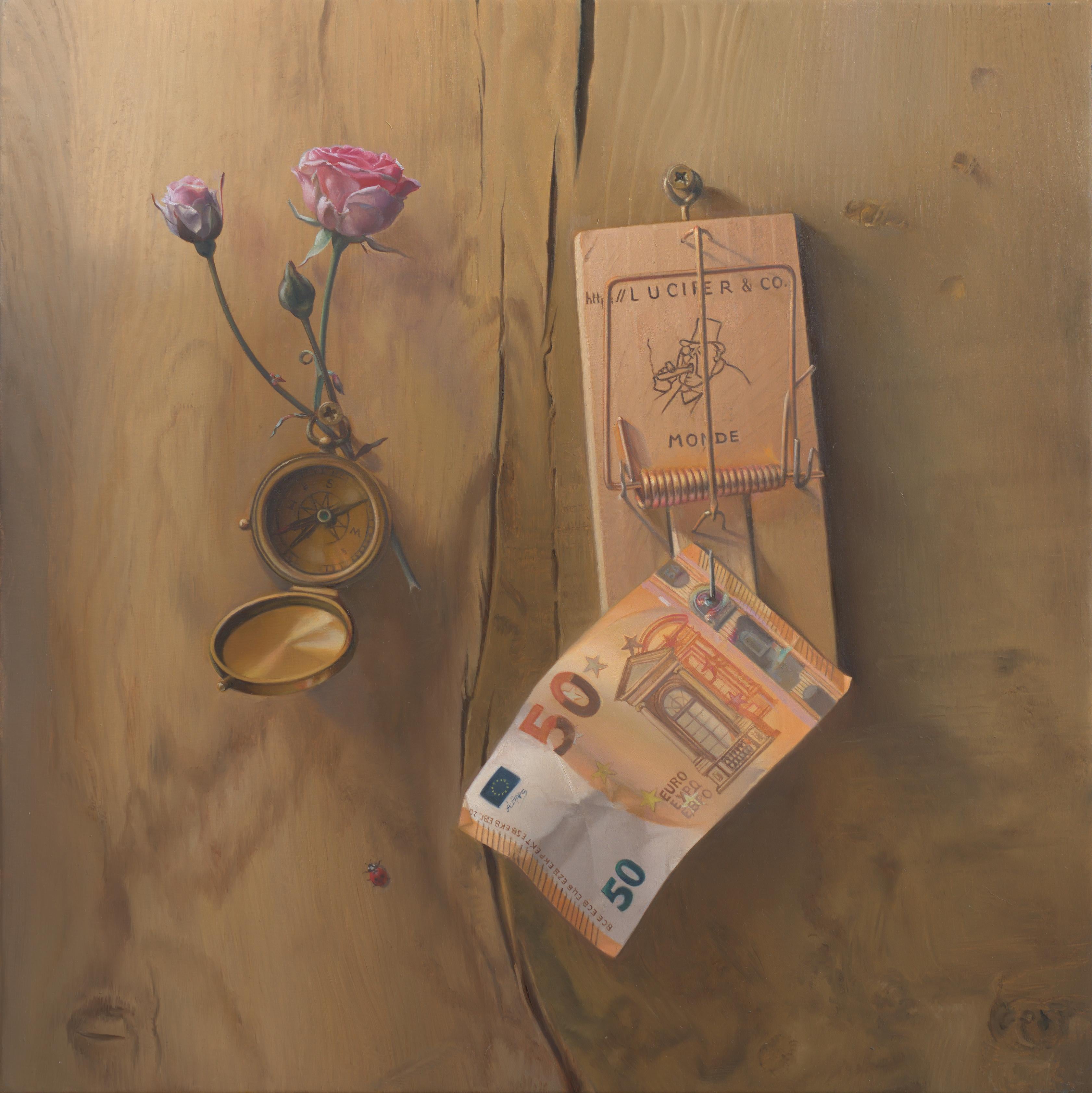Andrée Bars Still-Life Painting – „We Lost the North“, Holzkratzer, Kompass, Geld, Blume, Symbolismus, Ölgemälde
