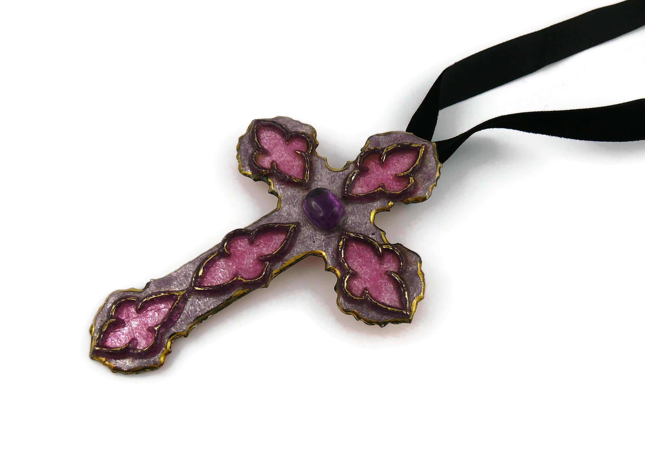 Andree Bazot Vintage Medieval Inspired Pink Enameled Cross Pendant 1