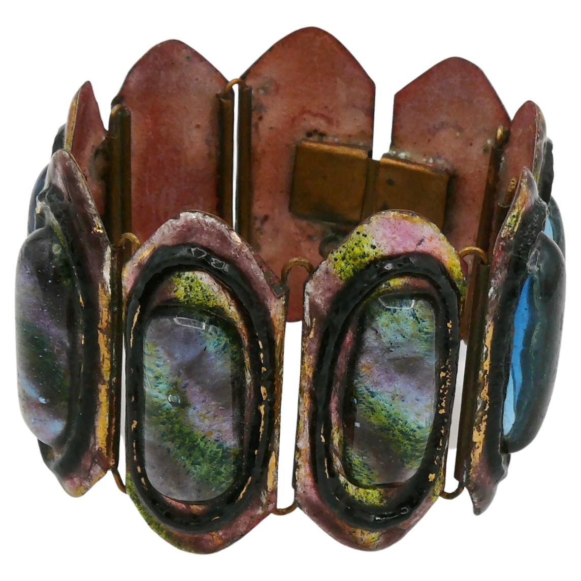 Andree Bazot Vintage Multicolored Enamel Link Bracelet For Sale