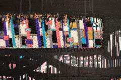 Mezzanotte, Collection Motherlode. pigment d'argile abstrait, gesso, broderie à l'aiguille