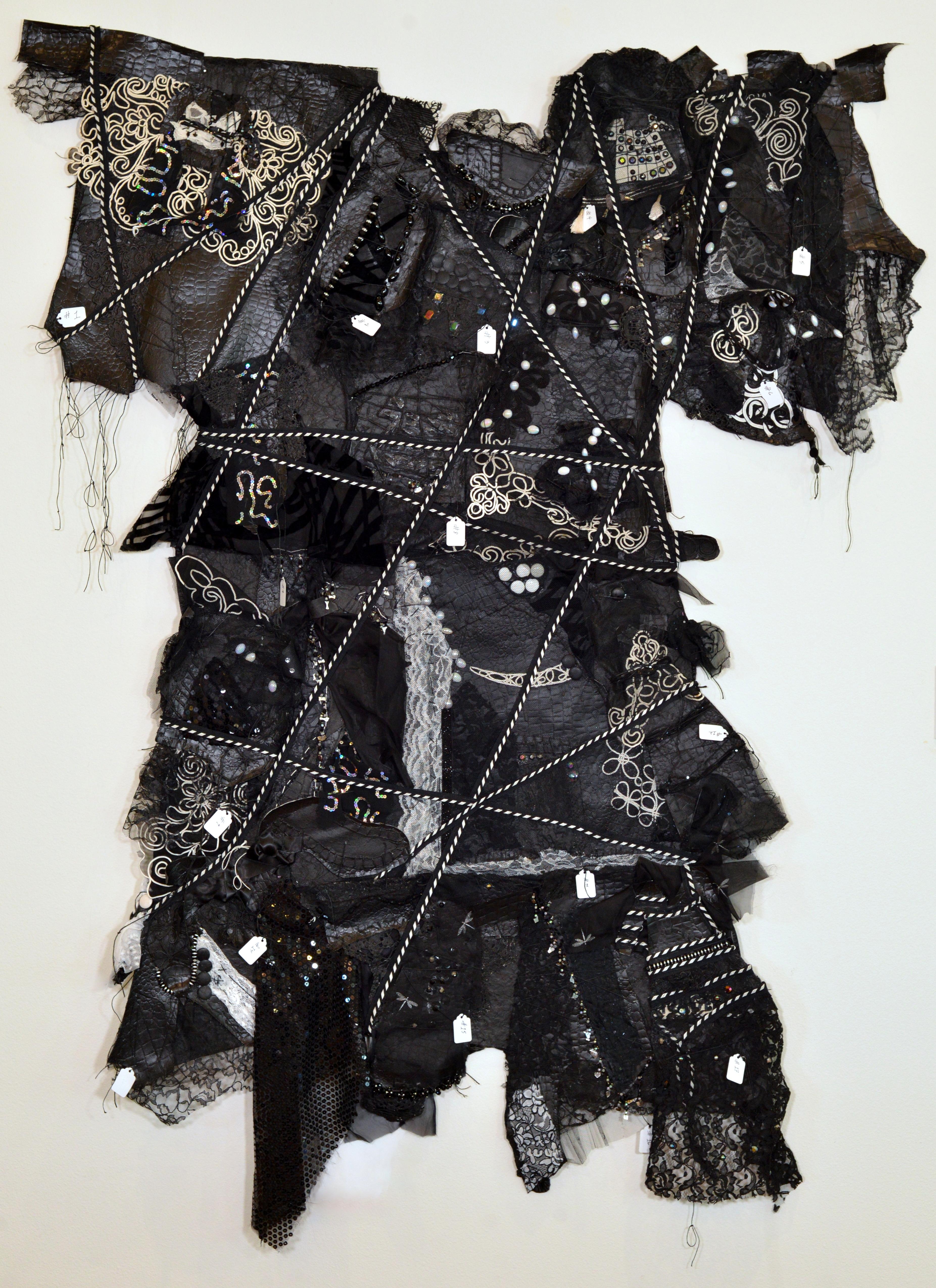 Remnants 3, Large Black dress with 17 small dresses sewn on - Mixed Media Art by Andrée Carter
