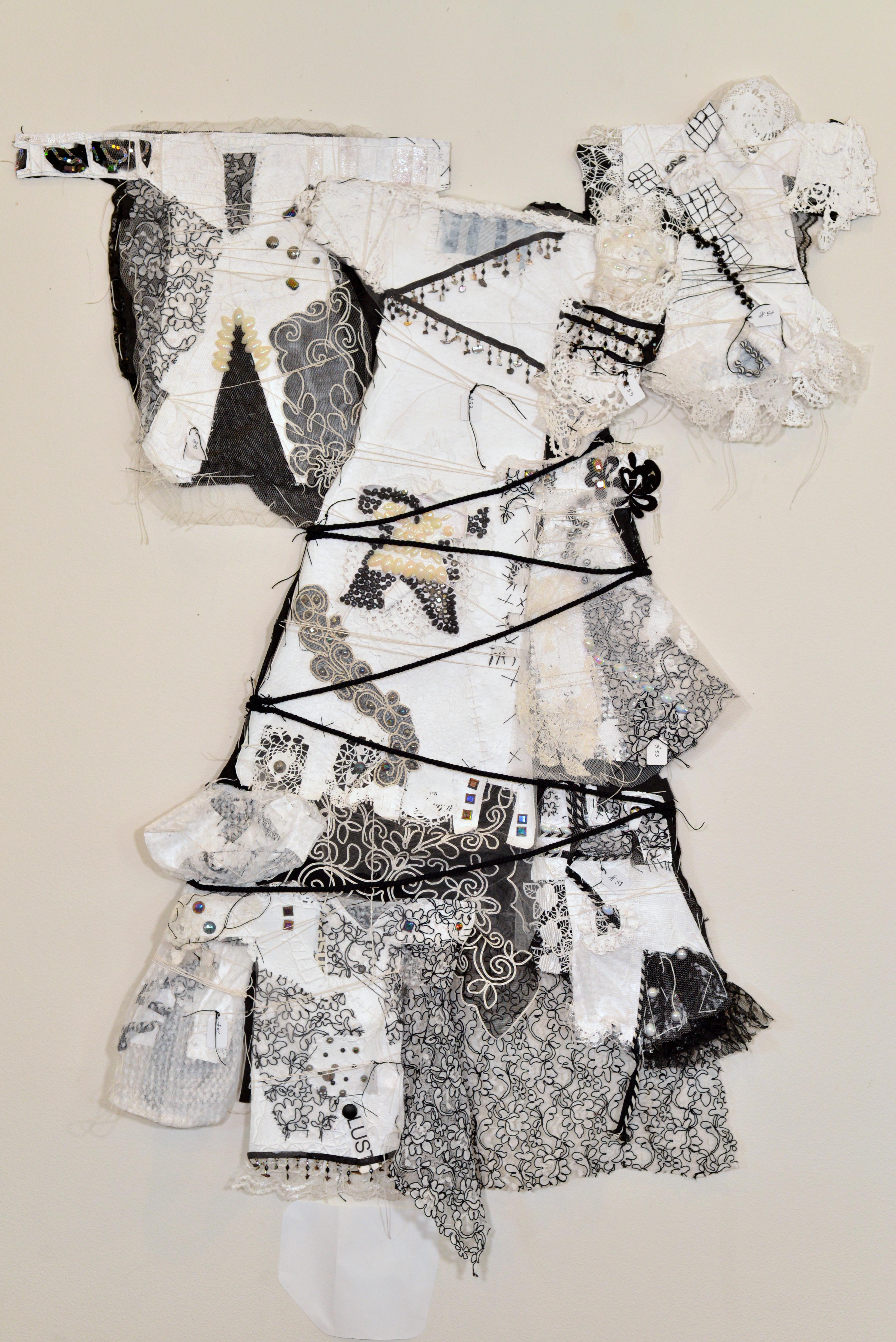 Remnants 7, Medium White/Black dress with 7 small dresses sewn on - Mixed Media Art by Andrée Carter