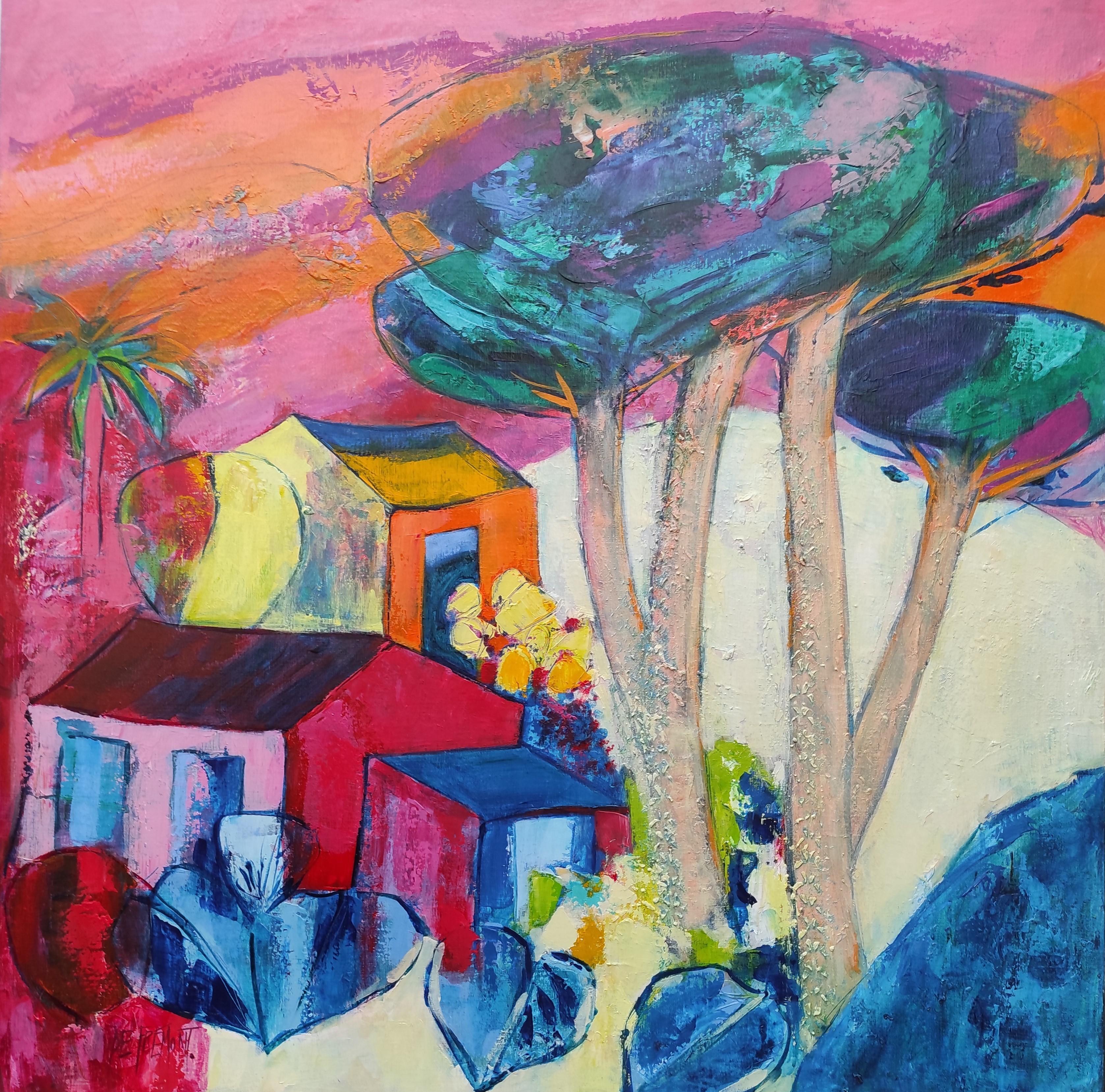 Abstract Painting Andrée de Frémont - « Sous l'abat-jour de grand pin », peinture de paysage abstrait rose et orange 