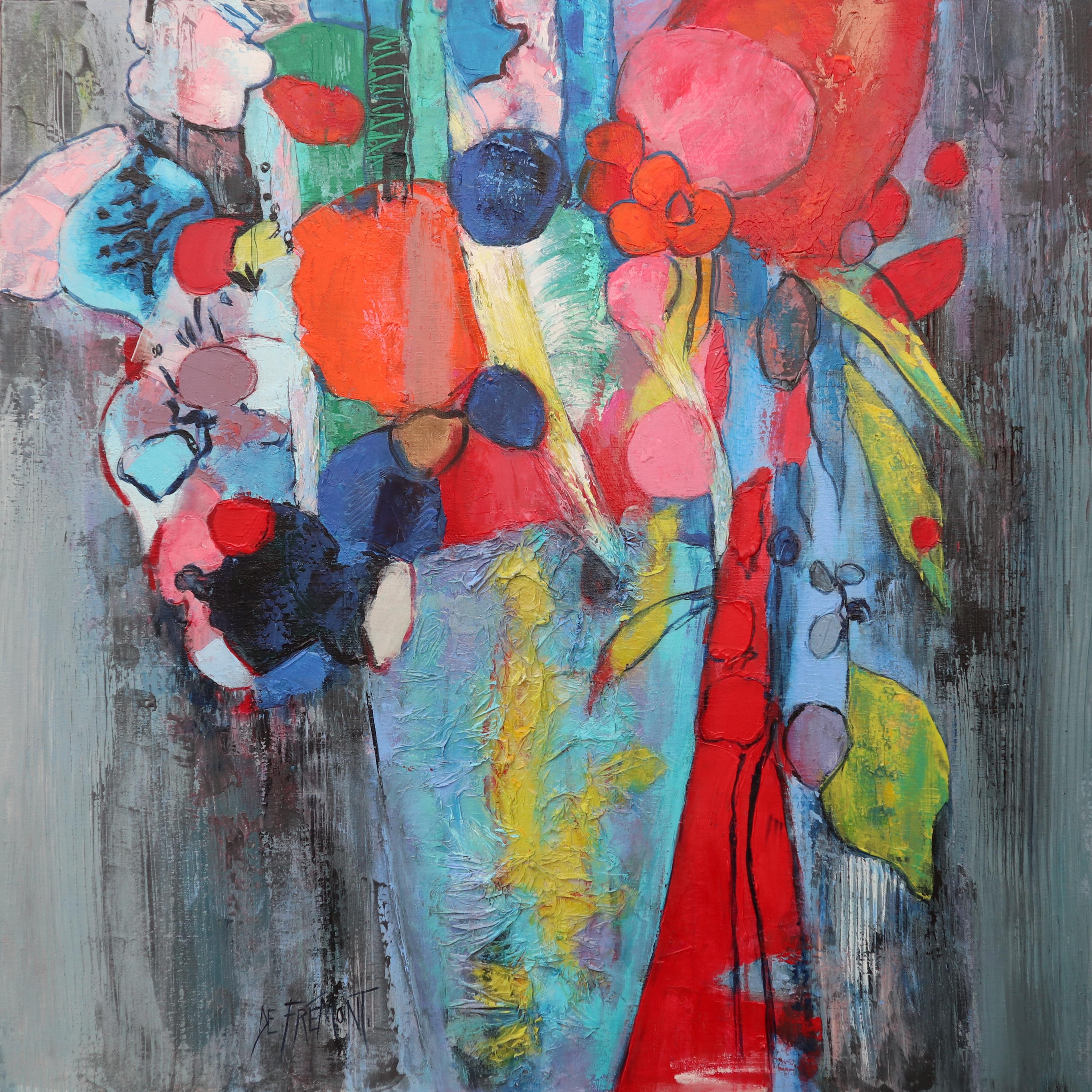 Abstract Painting di Andrée de Frémont - "I colori dell'estate", Bouquet rosso arancione blu che dà forza alla pittura astratta