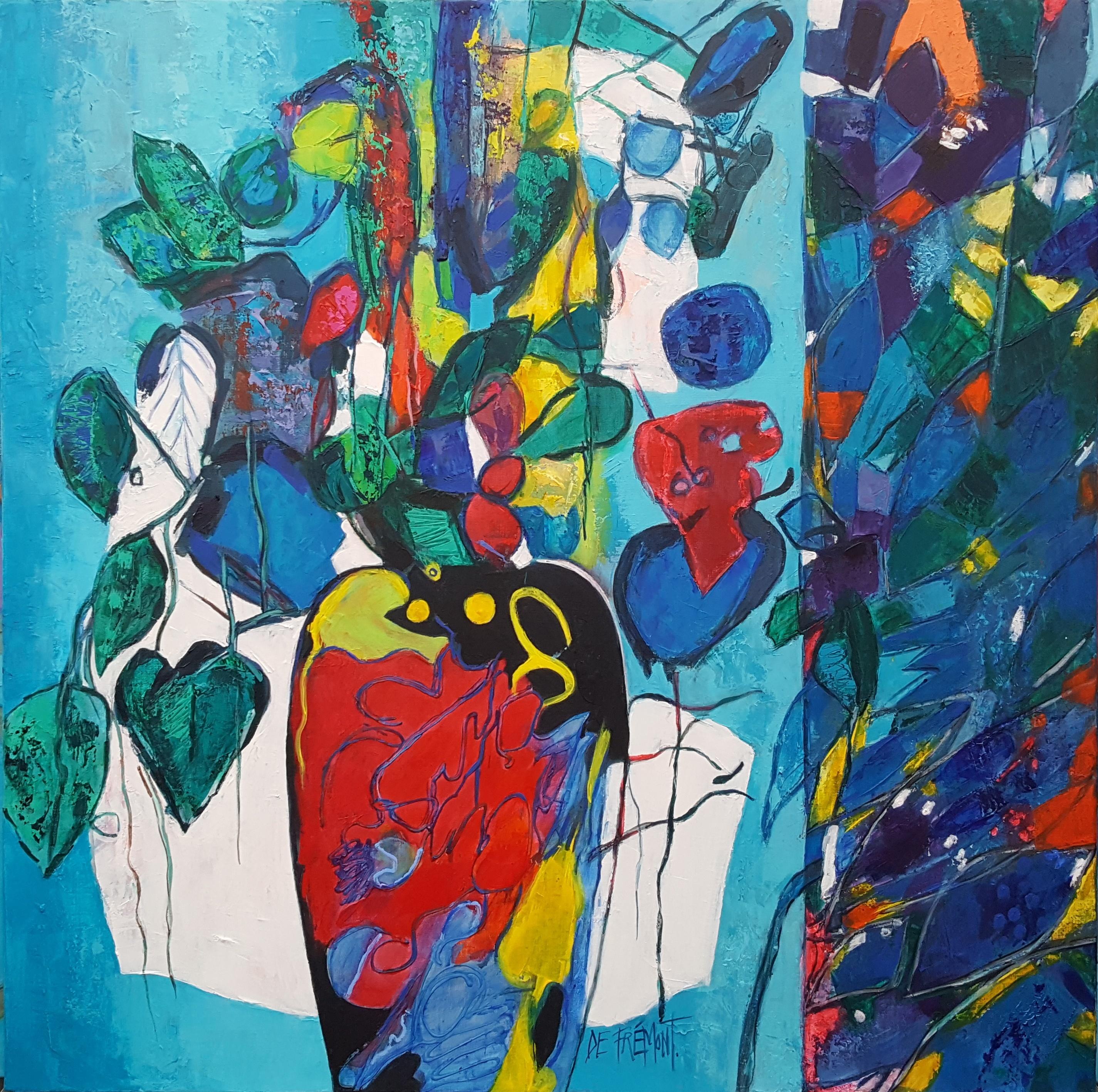 Peinture abstraite « Heavenly Blue » représentant un bouquet de turquoises blanches et jaunes 