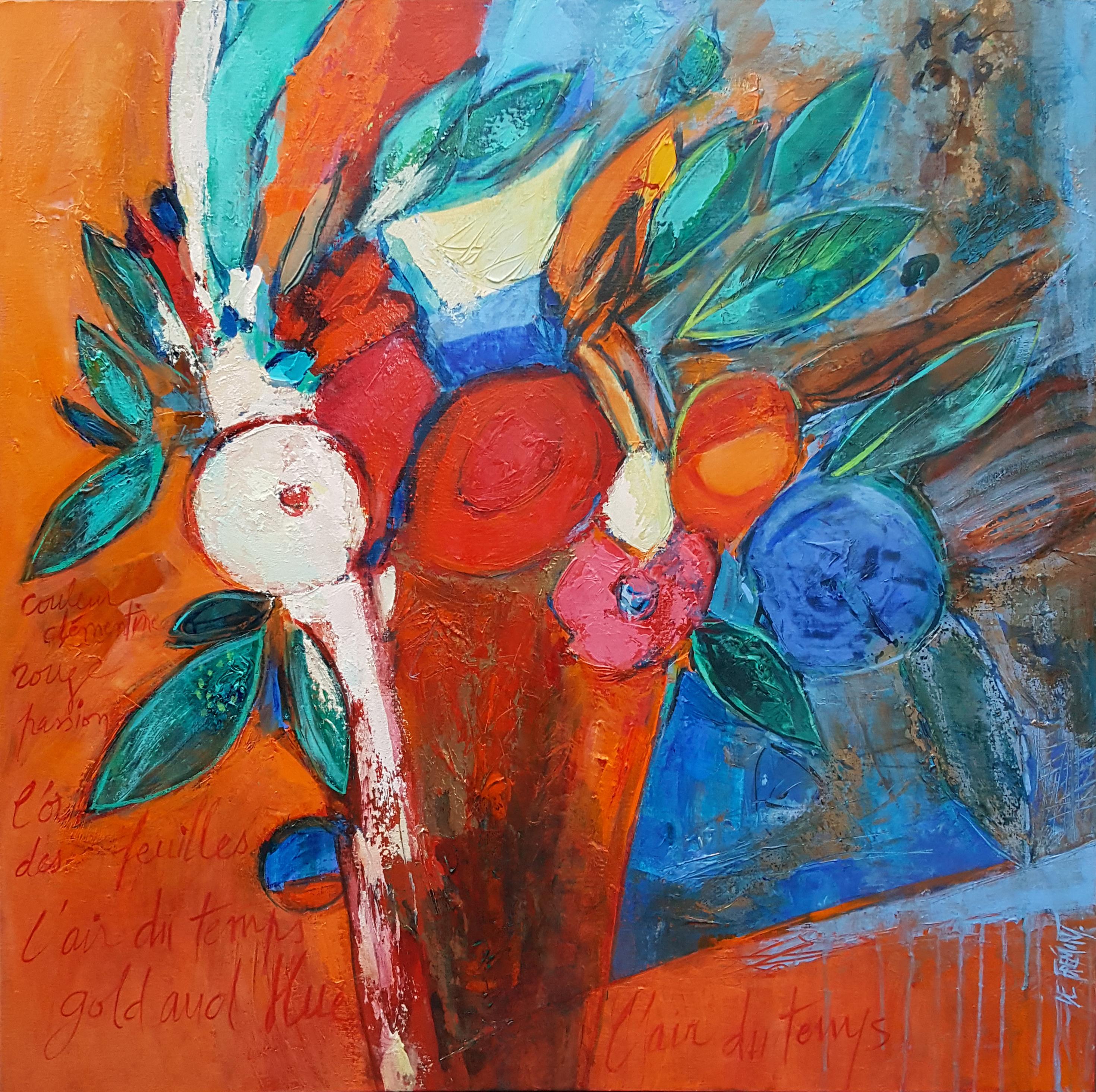 „Mood of the times“, Blau-orangefarbenes abstraktes Gemälde mit Blumenstrauß