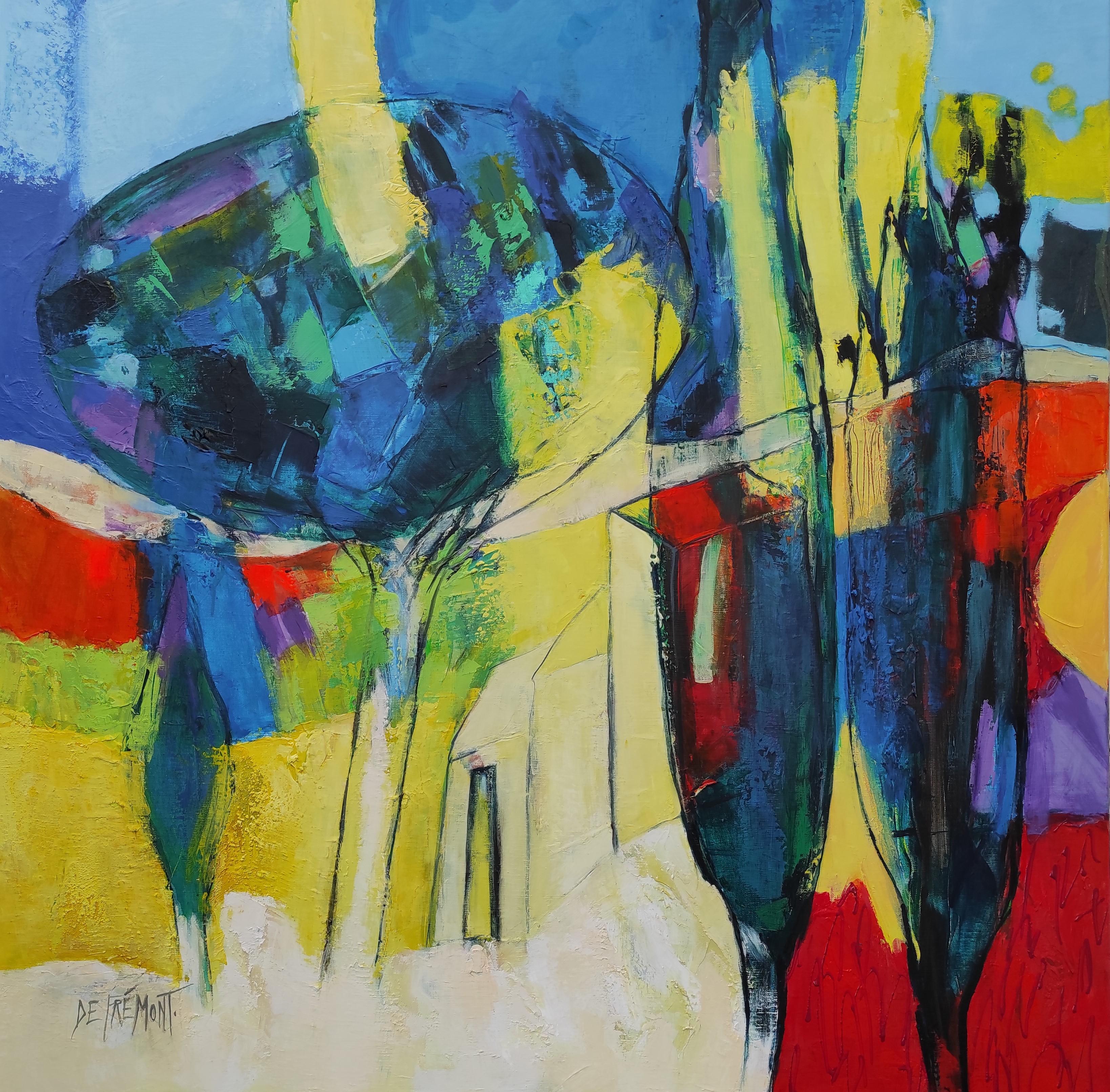 « The Southern Lights », peinture de paysage mixte jaune, vert et rouge de paille