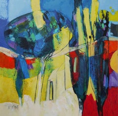 « The Southern Lights », peinture de paysage mixte jaune, vert et rouge de paille