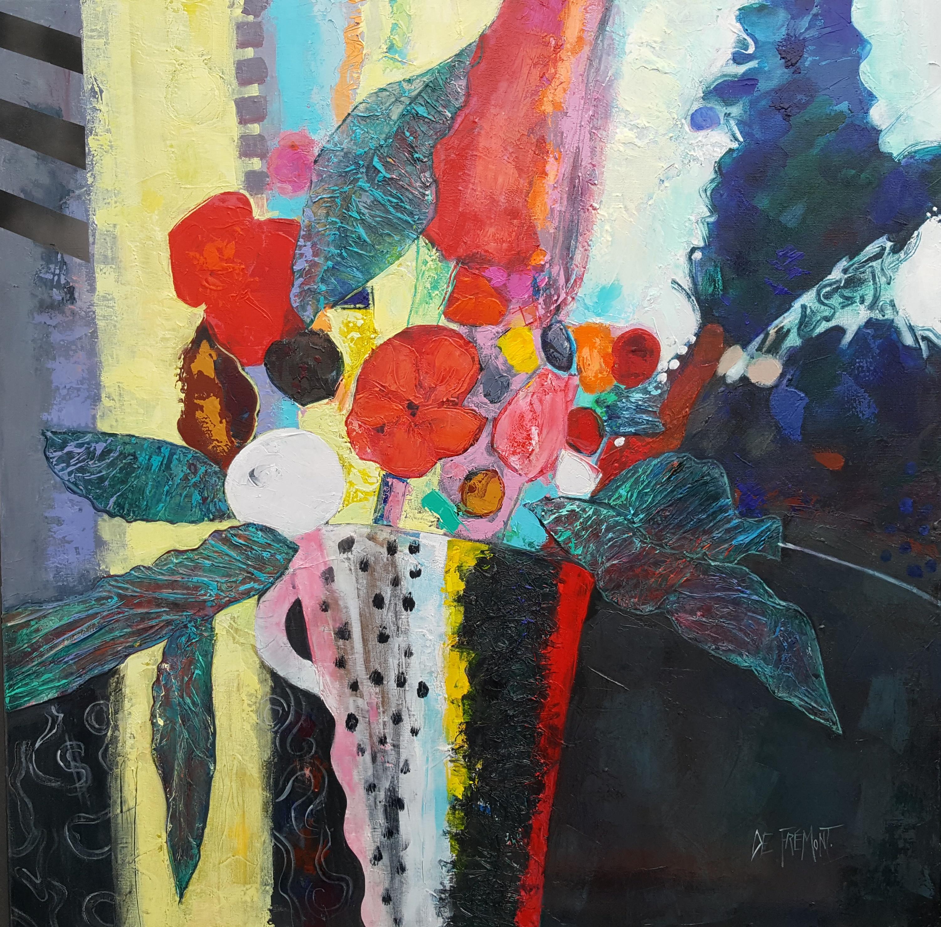 Abstract Painting di Andrée de Frémont - "Vallauris", Pittura astratta con bouquet giallo blu rosso grigio nero