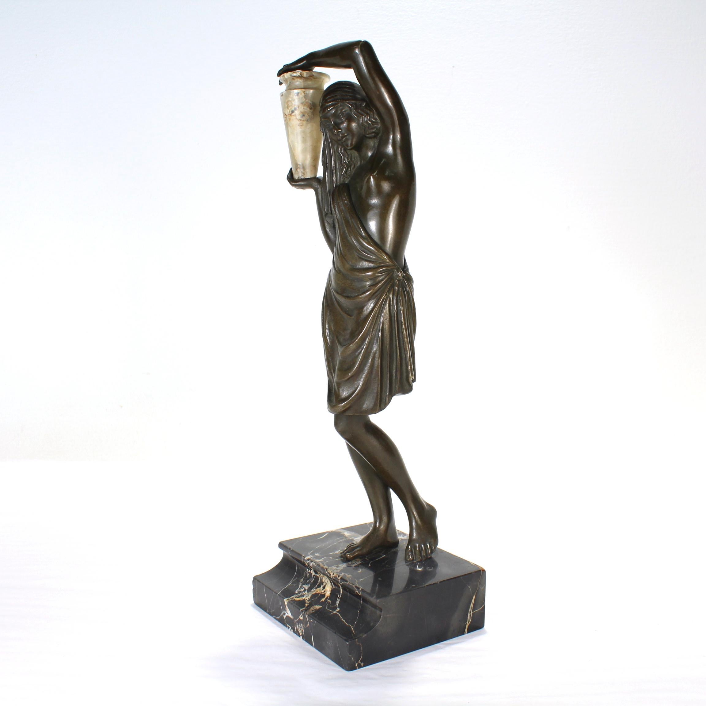Andreé Guerval French Art Deco Bronze & Onyx Sculpture of Chysis / Woman & Urn In Good Condition For Sale In Philadelphia, PA