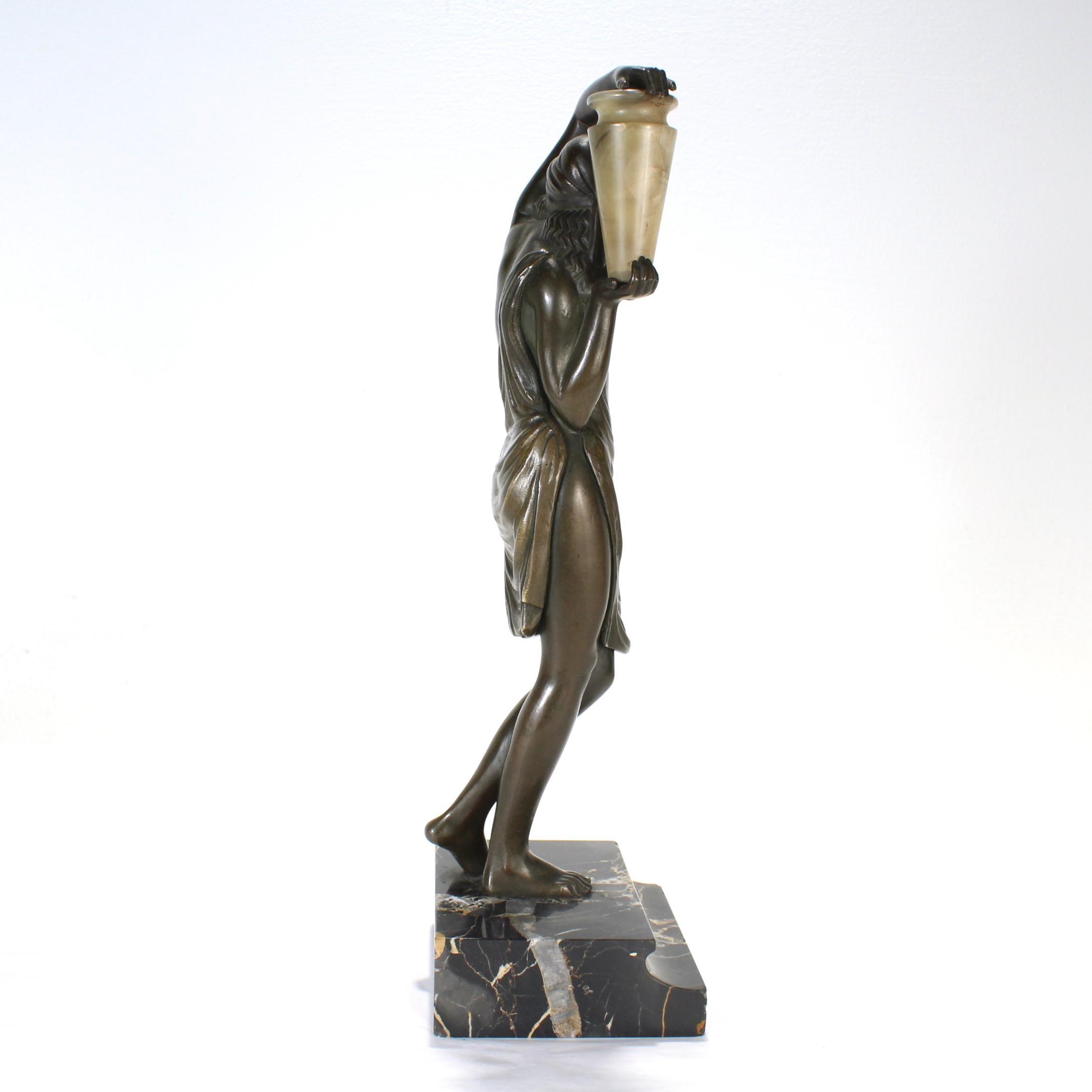Andreé Guerval French Art Deco Bronze & Onyx Sculpture of Chysis / Woman & Urn For Sale 3