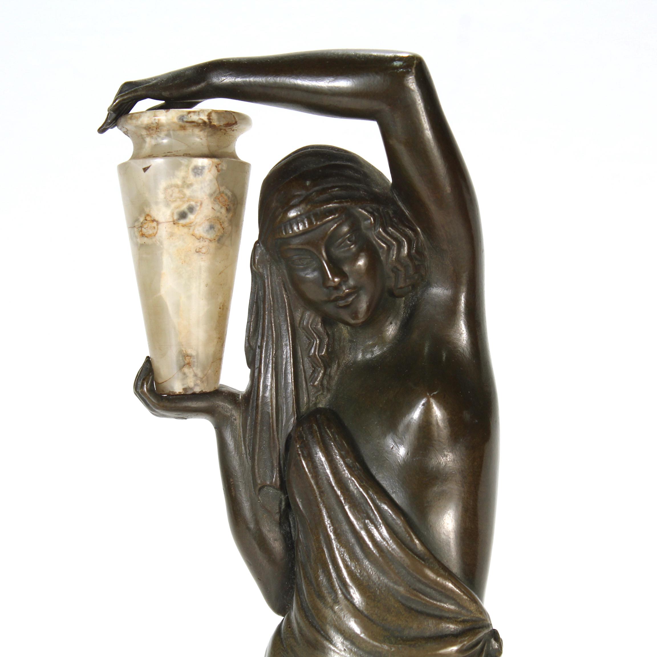 Andreé Guerval French Art Deco Bronze & Onyx Sculpture of Chysis / Woman & Urn For Sale 5