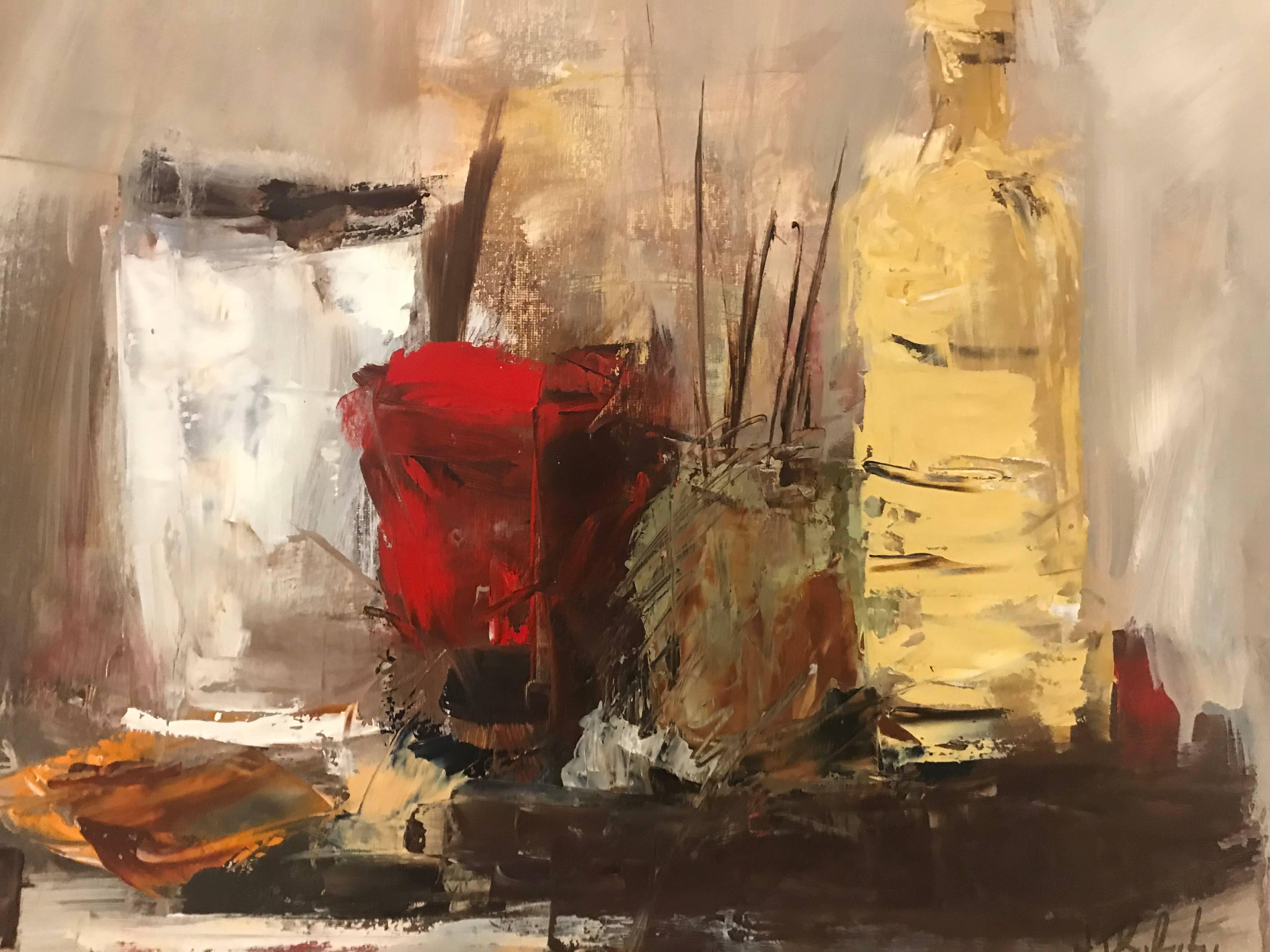 'Still Life with Painter's Quills' is an abstract Impressionist still-life painting created by French artist Andrée Thobaty in 2018. Painted in an almost square format, this oil on canvas painting features a still-life whose treatment leans towards