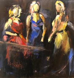 Three Women by Andrée Tobathy, Framed Oil on Canvas Painting of Square Shape