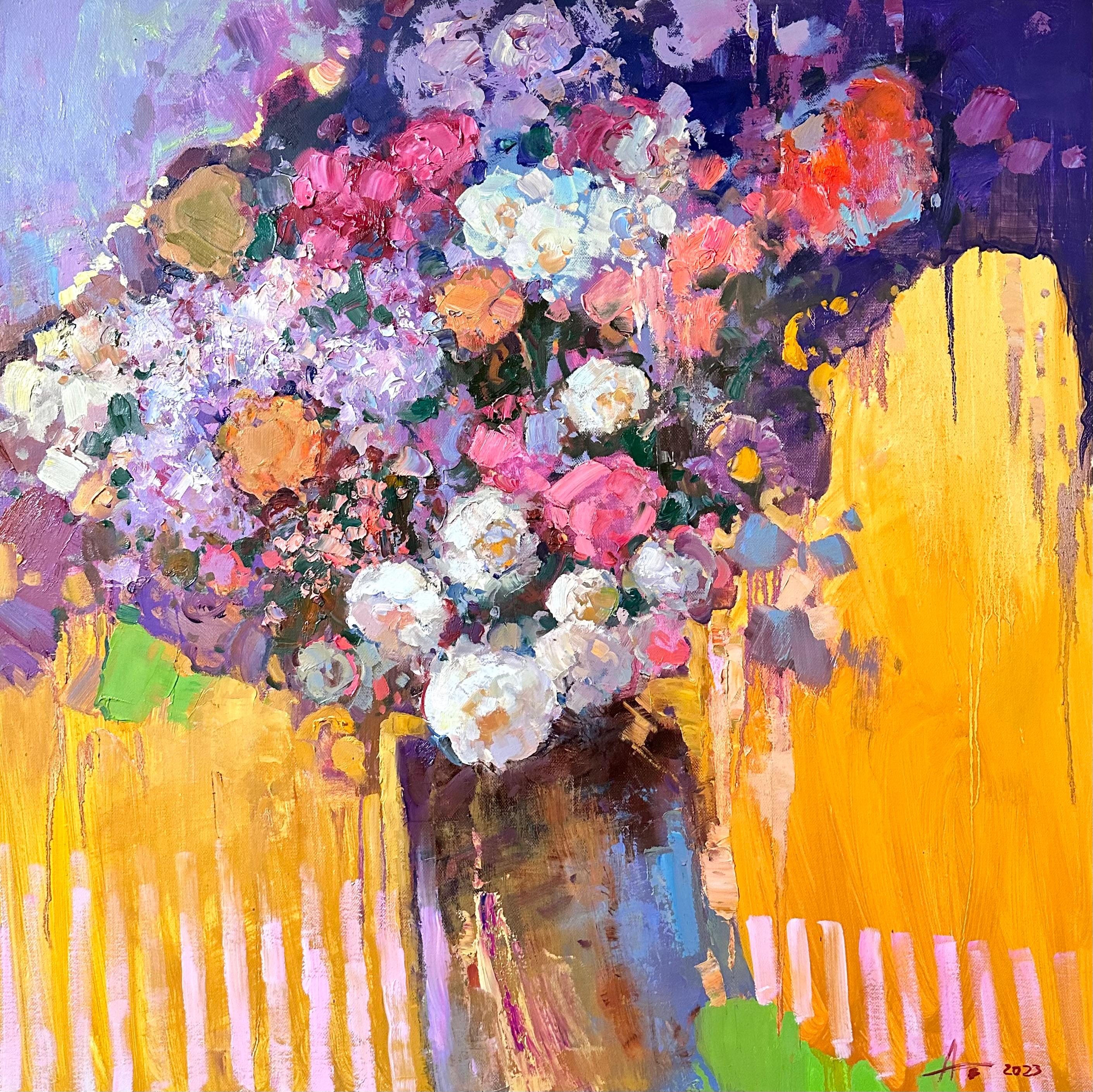 "Bouquet on Gold" is a mesmerizing painting where a picturesque bouquet of flowers blossoms against the shimmering background of golden light. The vibrant and saturated colors of the flowers create an impressive contrast with the warm tones of the