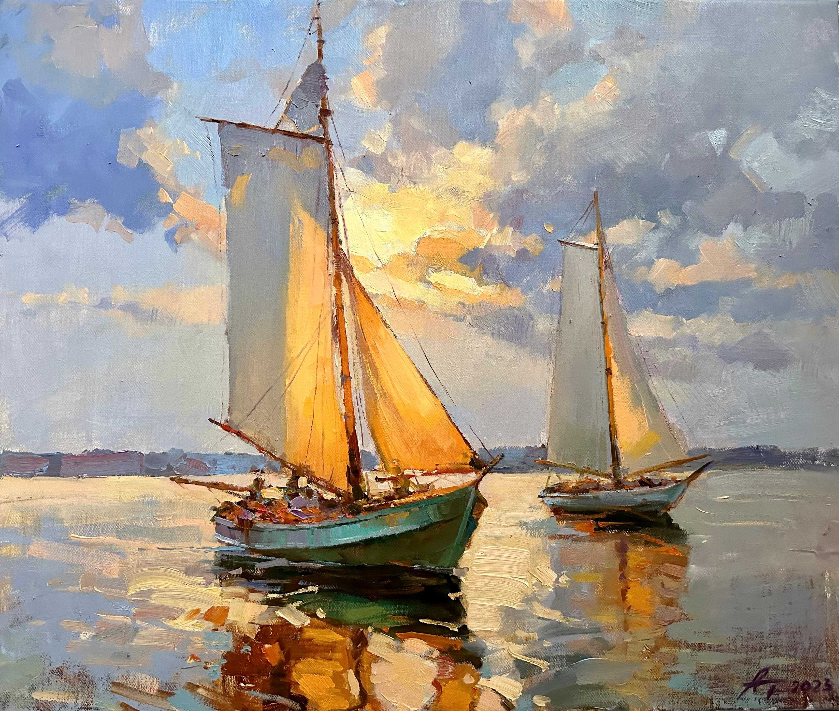 "Light Wind in the Sails" is a painting depicting the moment when boats gently sway under the influence of a soft breeze, filling their sails. The light-blue sky provides a backdrop for this scene, and gentle clouds dance in harmony with the wind.