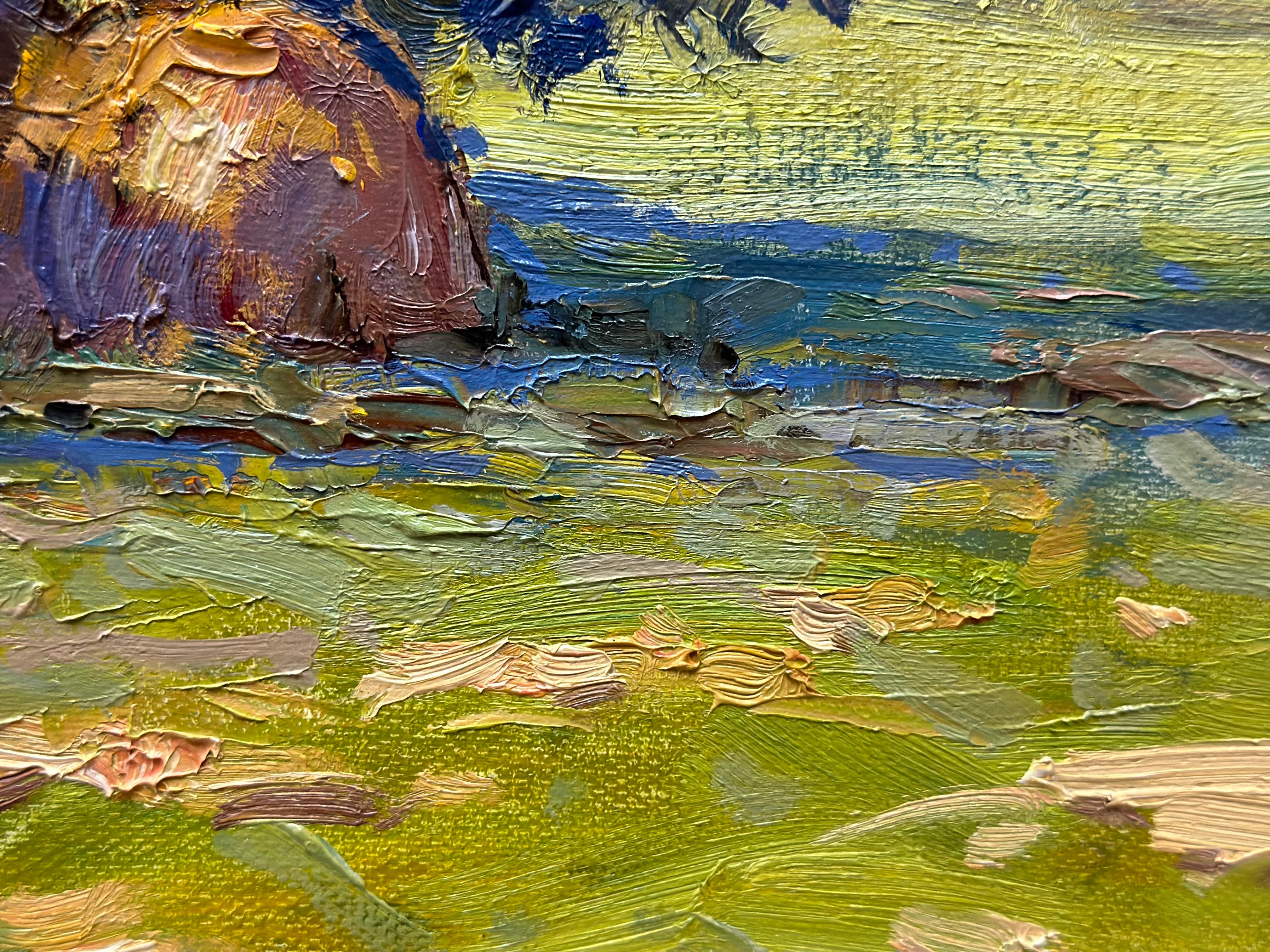 In questa opera d'arte ho voluto catturare la serena bellezza di una mattina rurale. Attraverso il mezzo dei colori a olio, ho fuso elementi di impressionismo e realismo per ritrarre l'atmosfera tranquilla e il fascino rustico. I pagliai si ergono