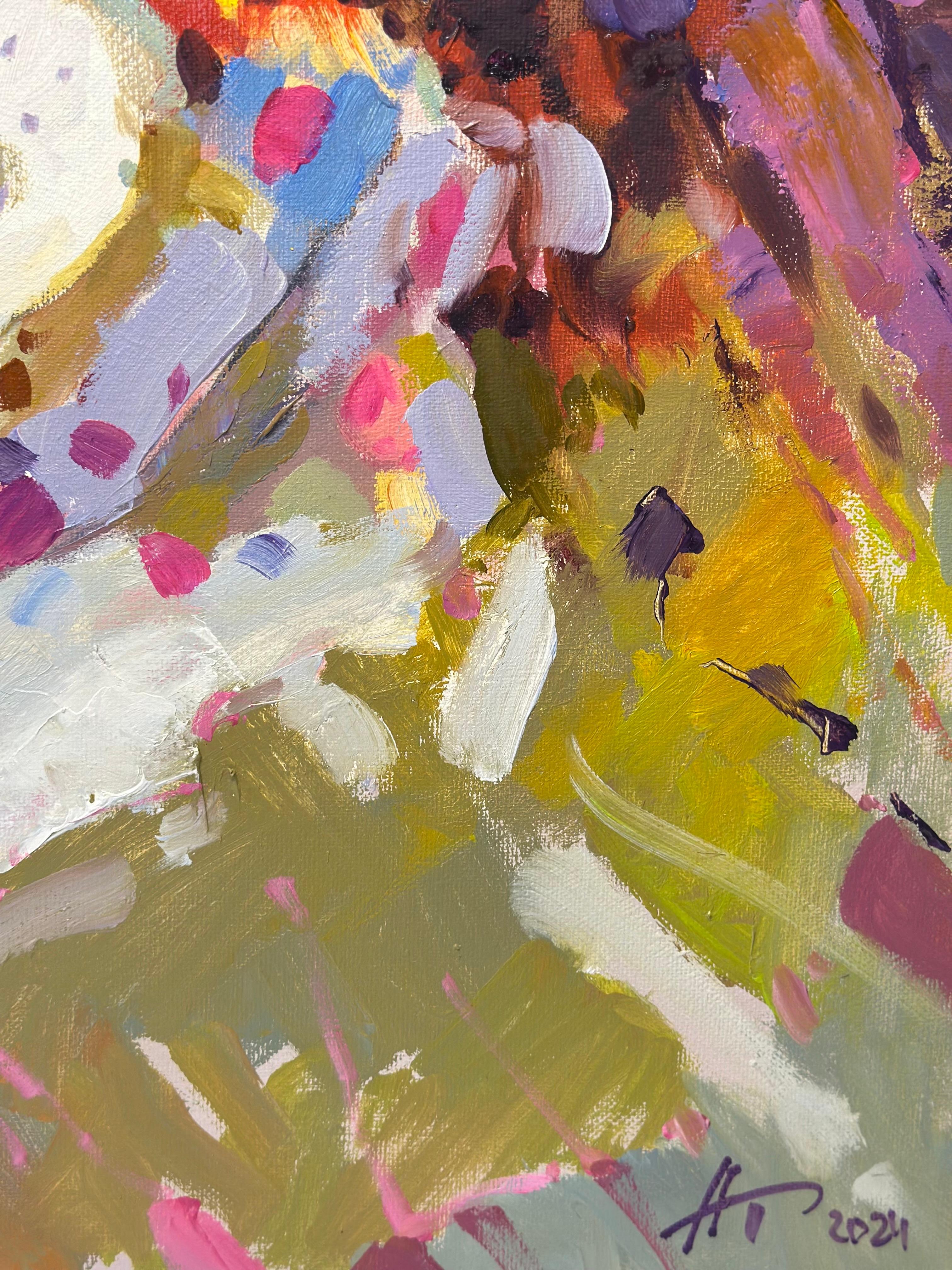Cette peinture est une explosion de joie et d'énergie insouciante. Il évoque un sentiment de plaisir enfantin, comme la rencontre d'un meilleur ami qui sait toujours comment vous remonter le moral. Les couleurs vives et l'image enjouée du chien