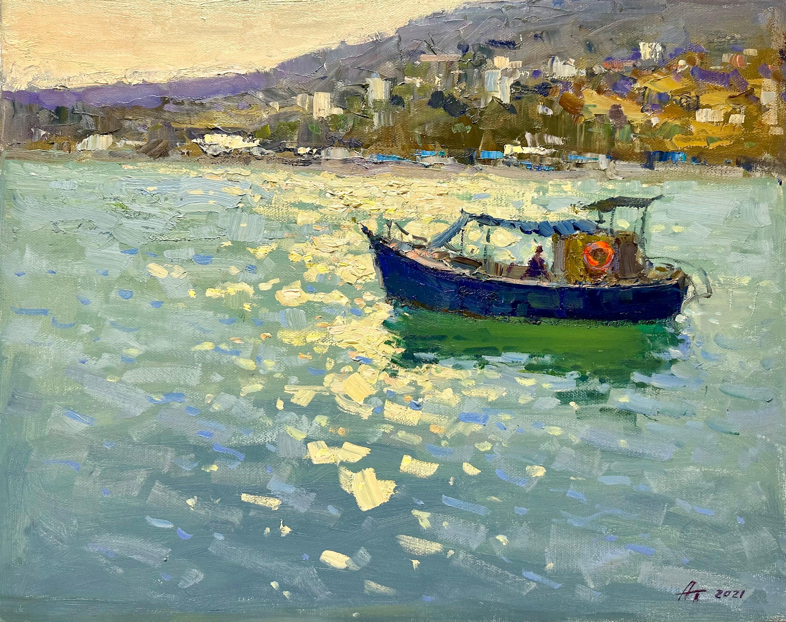 On the canvas of "Sea Voyage," there is a depiction of a small boat greeting a majestic sunset. The sun, hanging low, paints the sky in soft shades of delicate yellow and pink. The reflection of sunlight on the sea's surface creates a gleam that