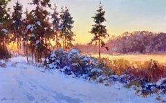 Winter Evening Original Oil Painting Sunny Forest  by Andrei Belaichuk