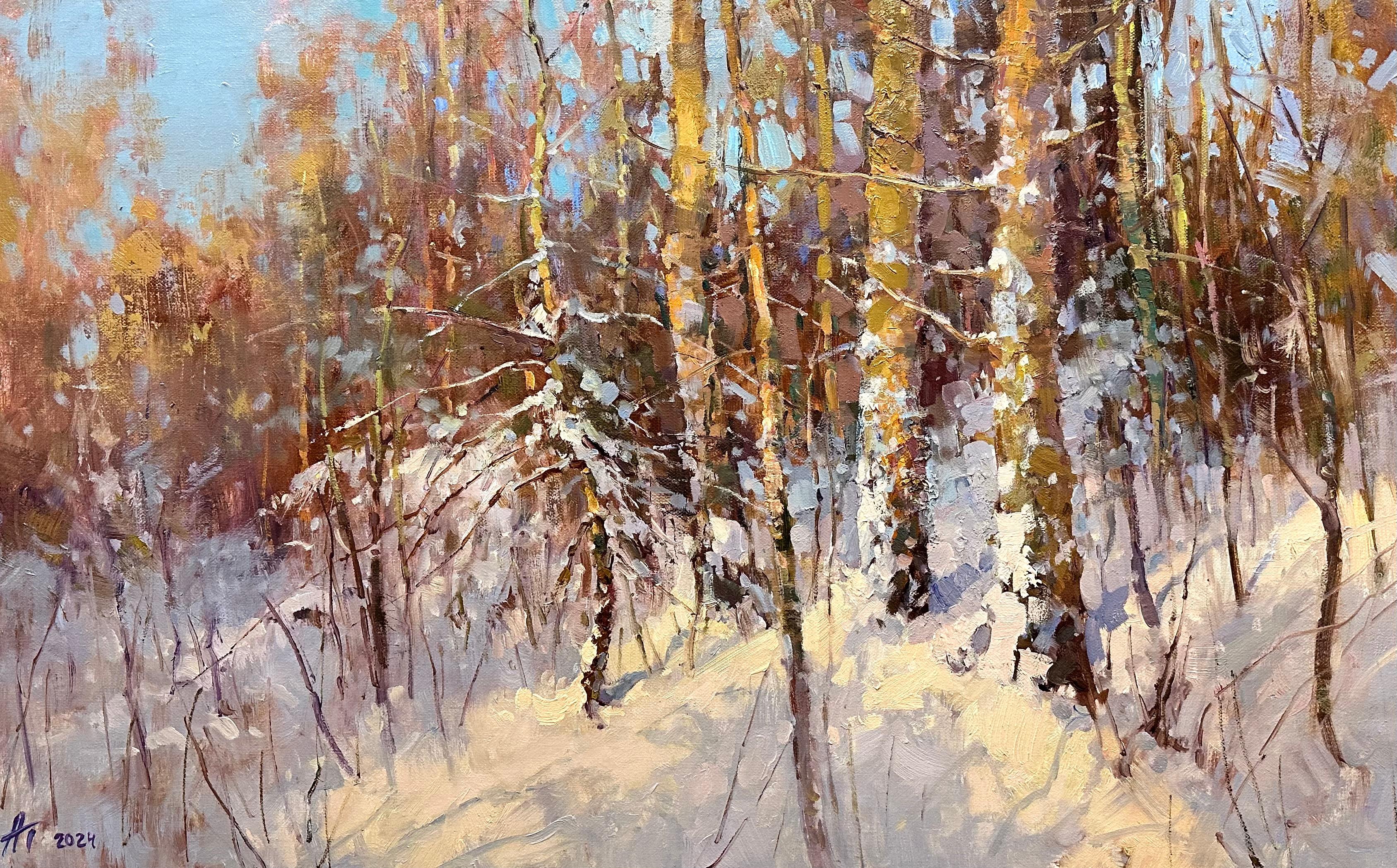 "Winter Forest" is a painting where the winter forest is enveloped in the mystical light of the last rays of the setting sun. Thick snow rests on the branches of the trees, resembling a soft blanket, refracting light in warm hues. The evening sky