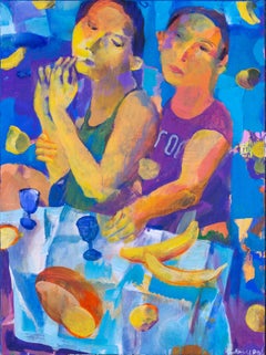 Contemporary Ukrainian oil painting 'Twins' by Andrei Bludov, blues and oranges